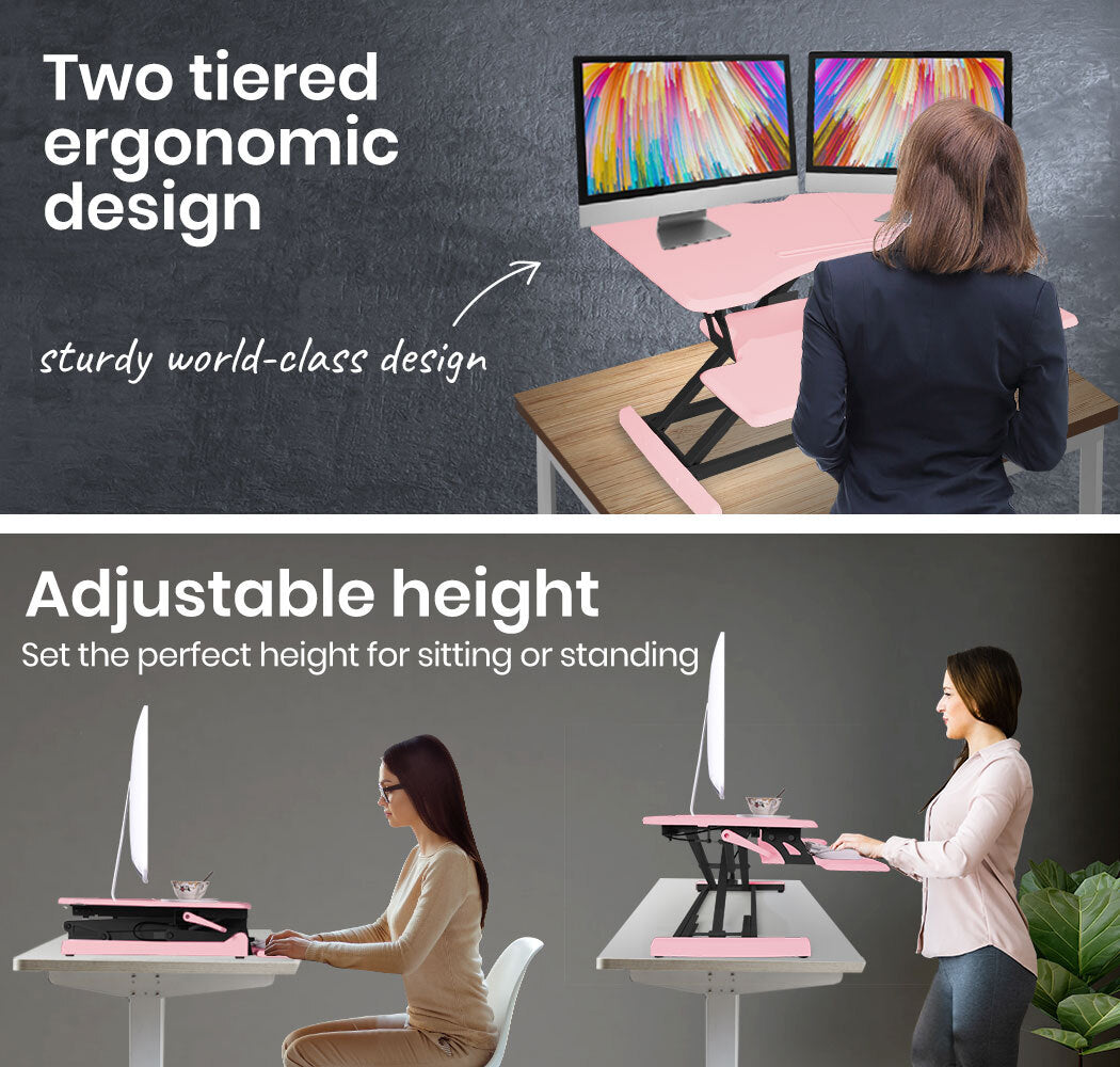 Desk Riser 77cm Wide Adjustable Sit to Stand for Dual Monitor, Keyboard, Laptop, Pink