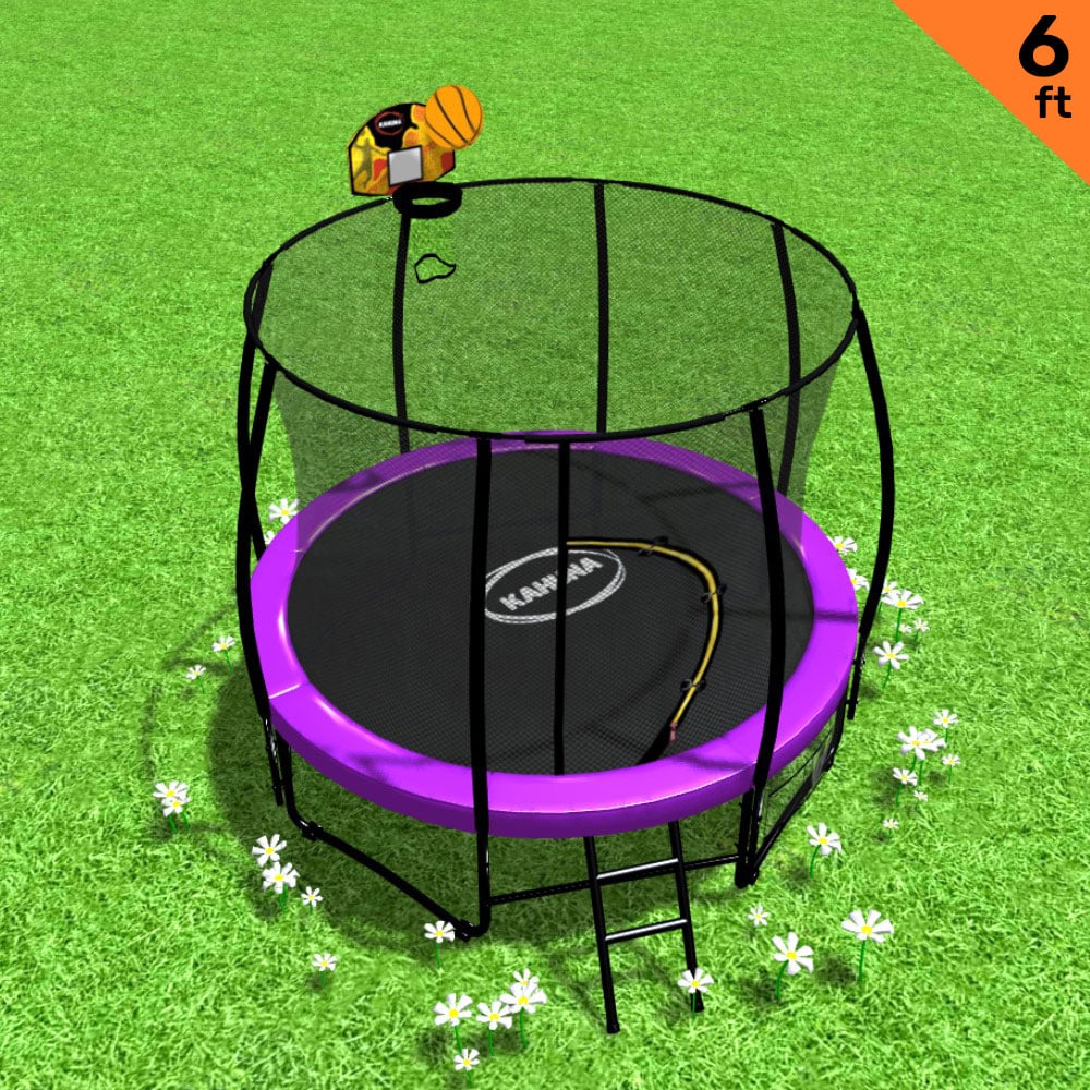 Classic 6ft Trampoline Free Ladder Spring Mat Net Safety Pad Cover Round Enclosure Basketball Set - Purple