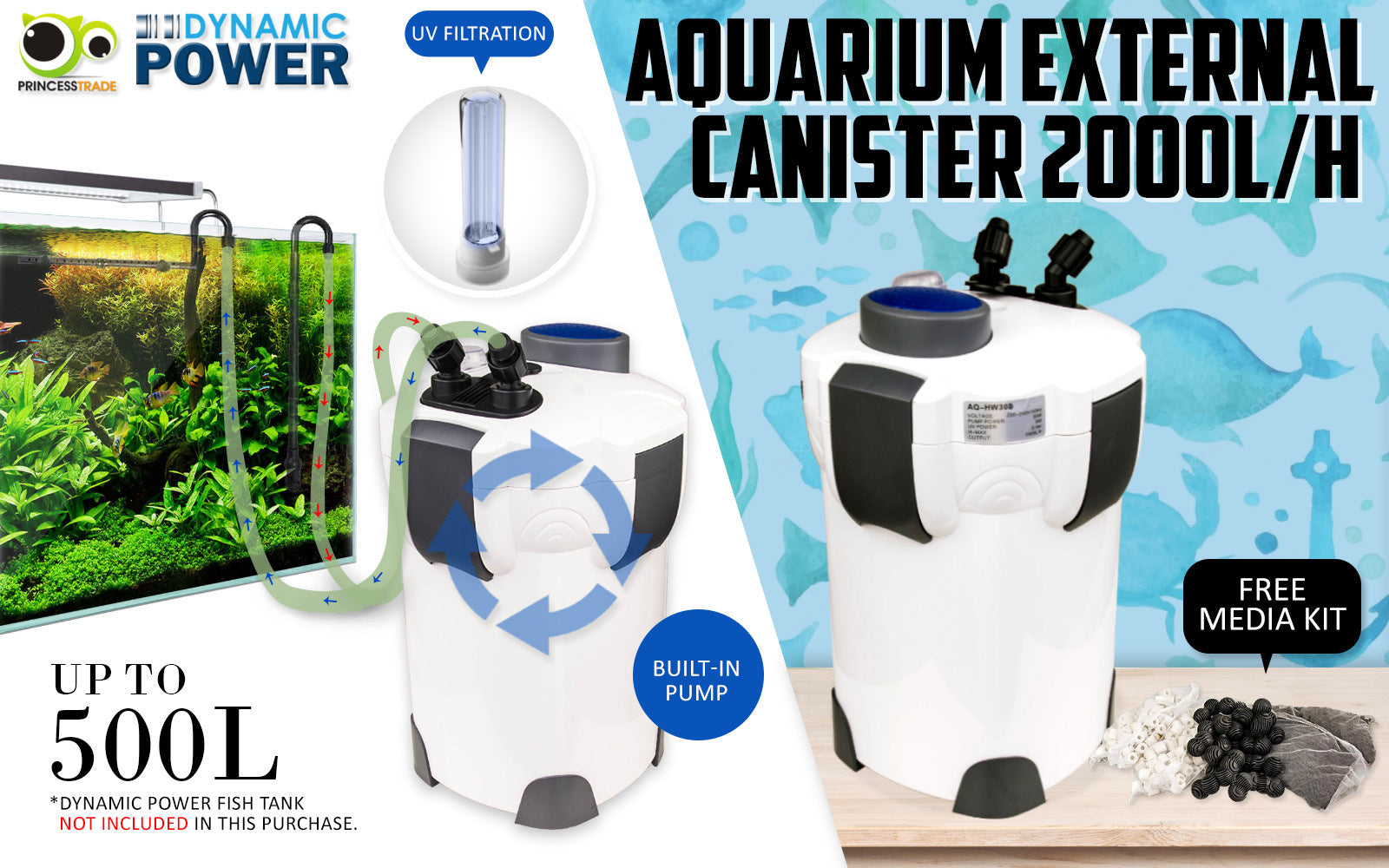 Aquarium UV Light External Canister Filter 2000L/H + Media Kit