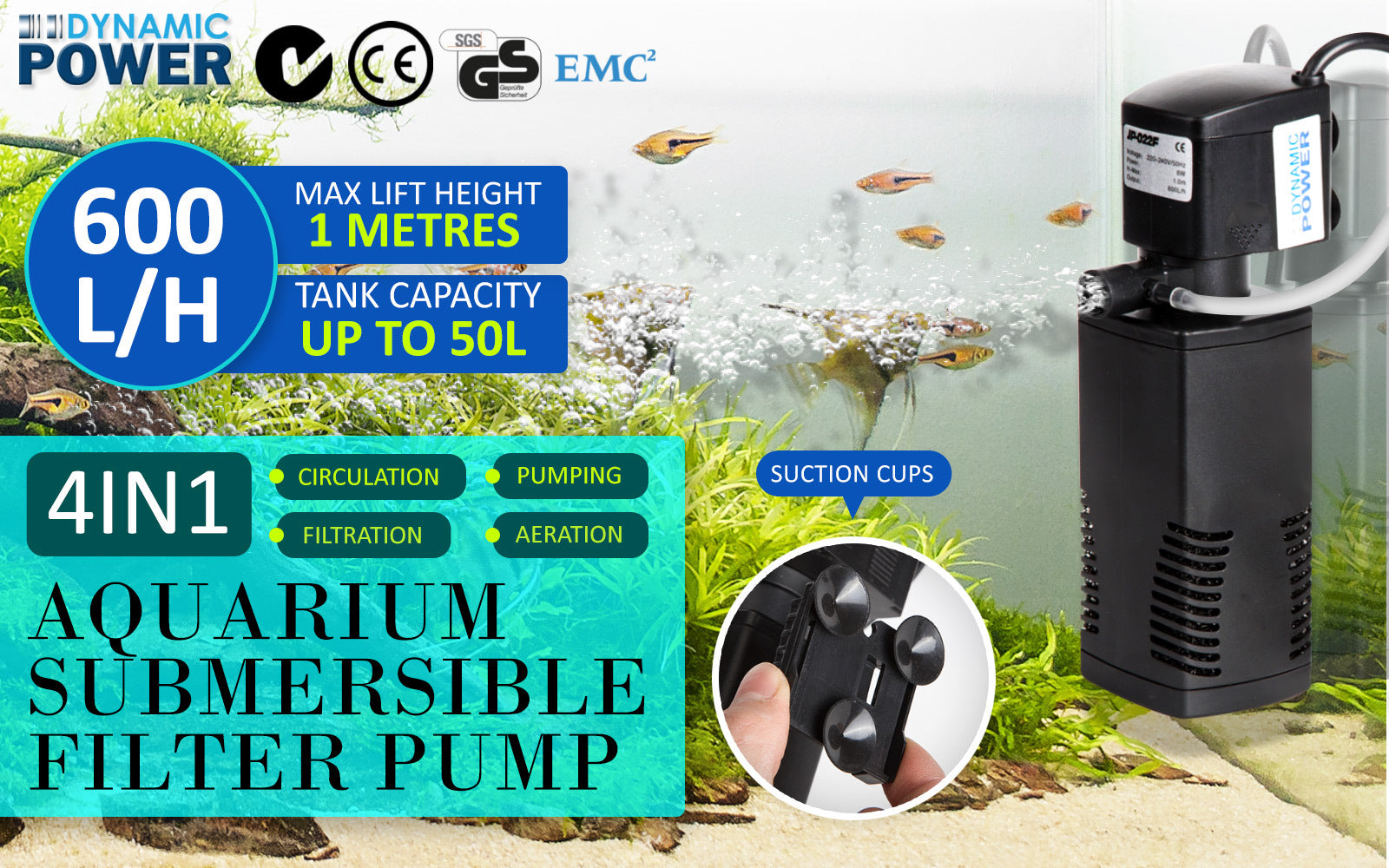 Aquarium Submersible Filter Pond Pump 600L/H 8W 1m