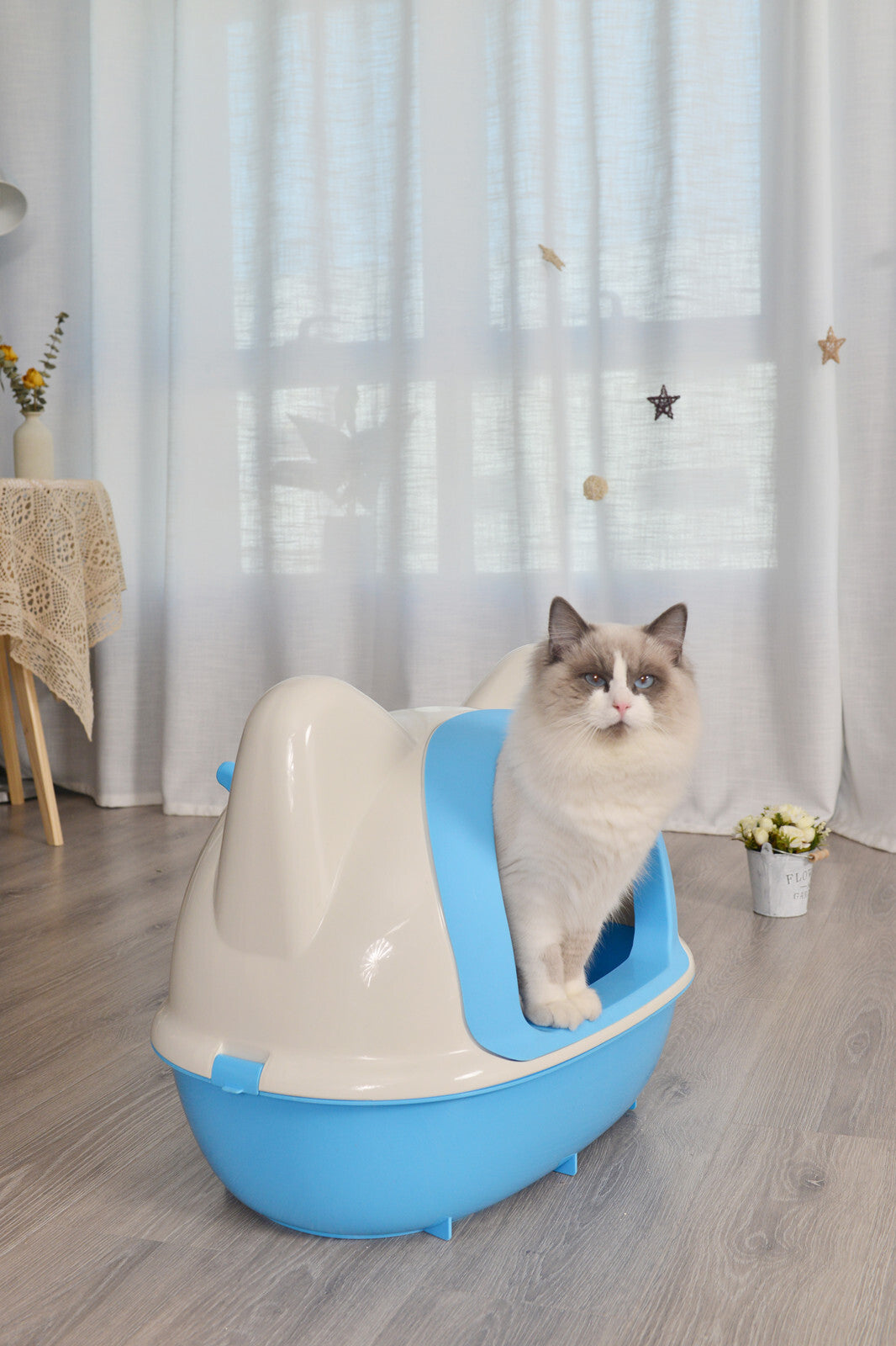 Large Hooded Cat Toilet Litter Box Tray House With Scoop Blue