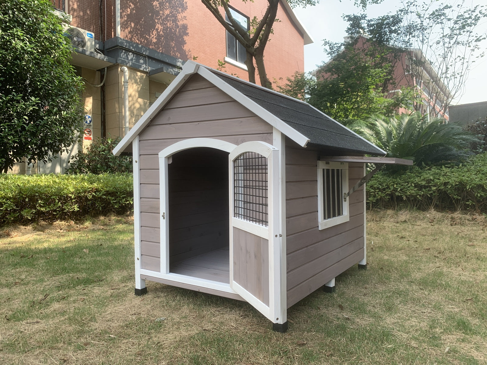 XL Timber Pet Dog Kennel House Puppy Wooden Timber Cabin With Door Grey
