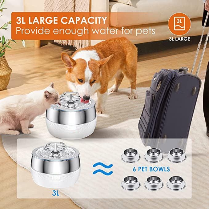 3L Automatic Electric Pet Water Fountain Dog Cat Stainless Steel Feeder Bowl Dispenser White
