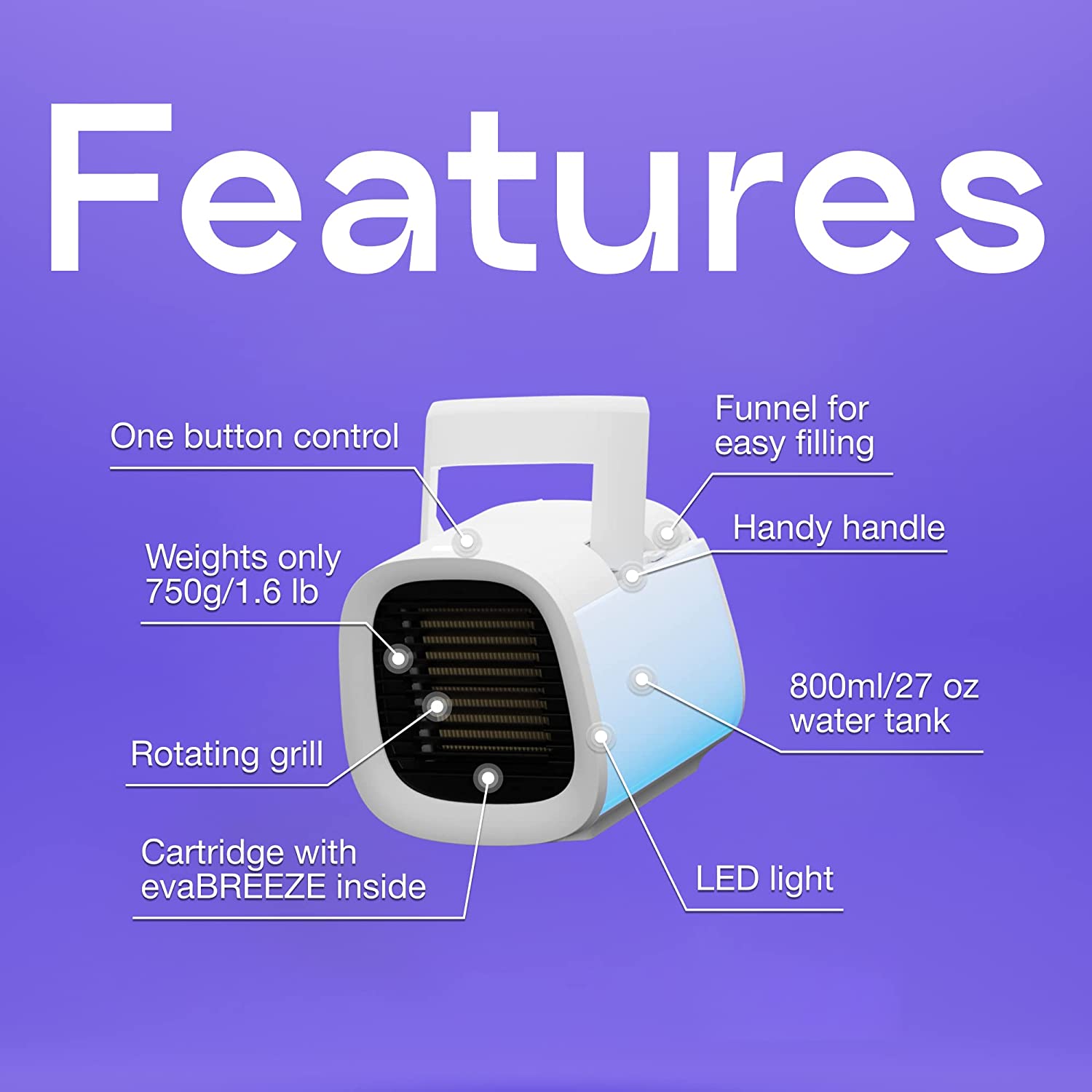 Personal Portable Air Cooler and Humidifier, with USB Connectivity and LED Light, White