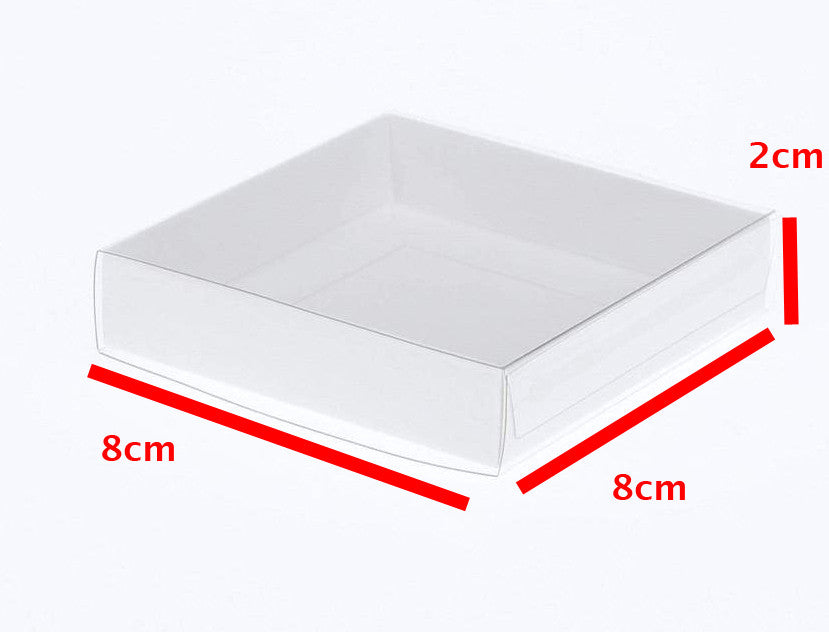 100 Pack of 8cm Square Wedding Invitation Coaster Favor Function product Presentation Cookie Biscuit Patisserie Gift Box - 2cm deep - White Card with Clear Slide On PVC Lid
