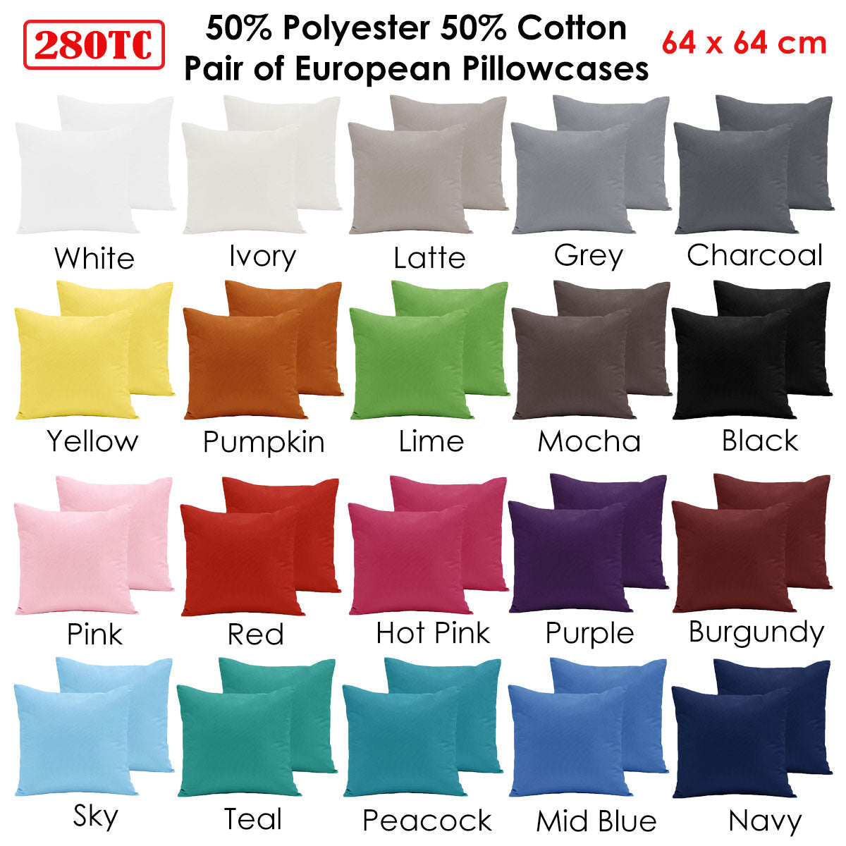 Pair of  280TC Polyester Cotton European Pillowcases Navy
