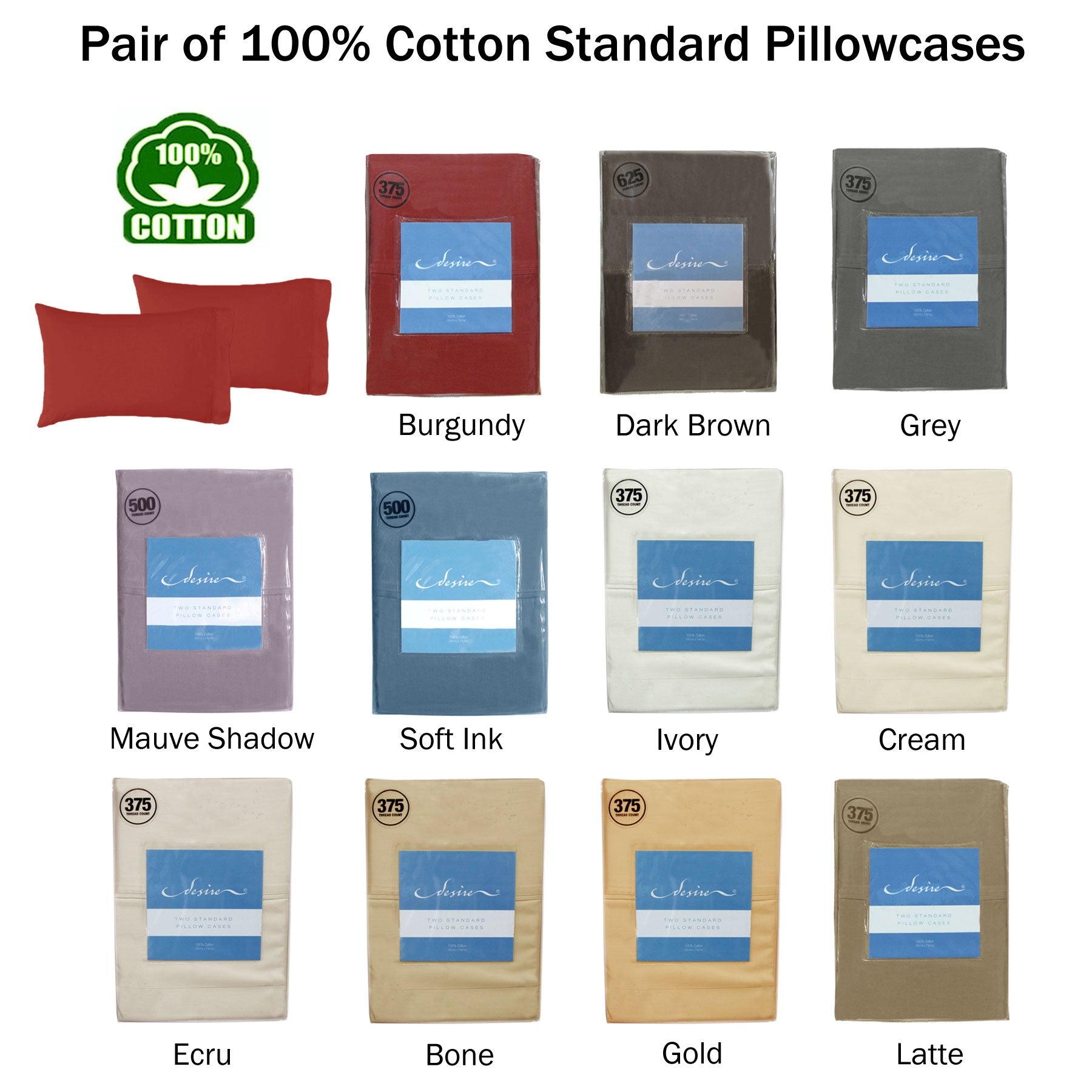 Pair of Cotton Standard Pillowcases 375TC Burgundy