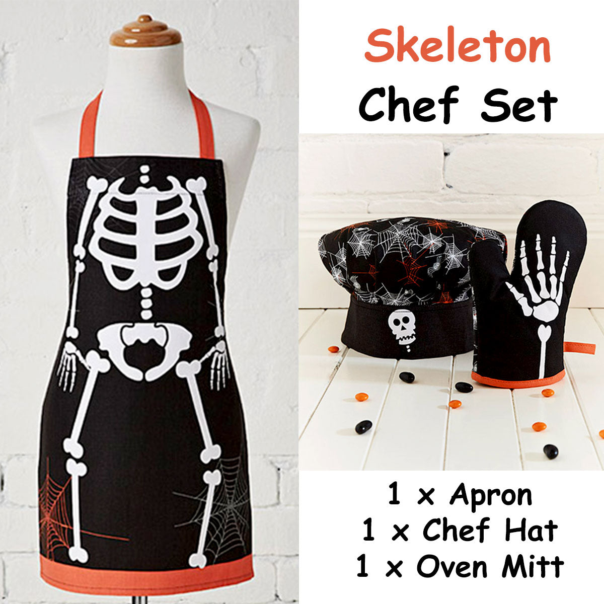Set of 3 Skeleton Halloween Children Kids Kitchen Chef Set