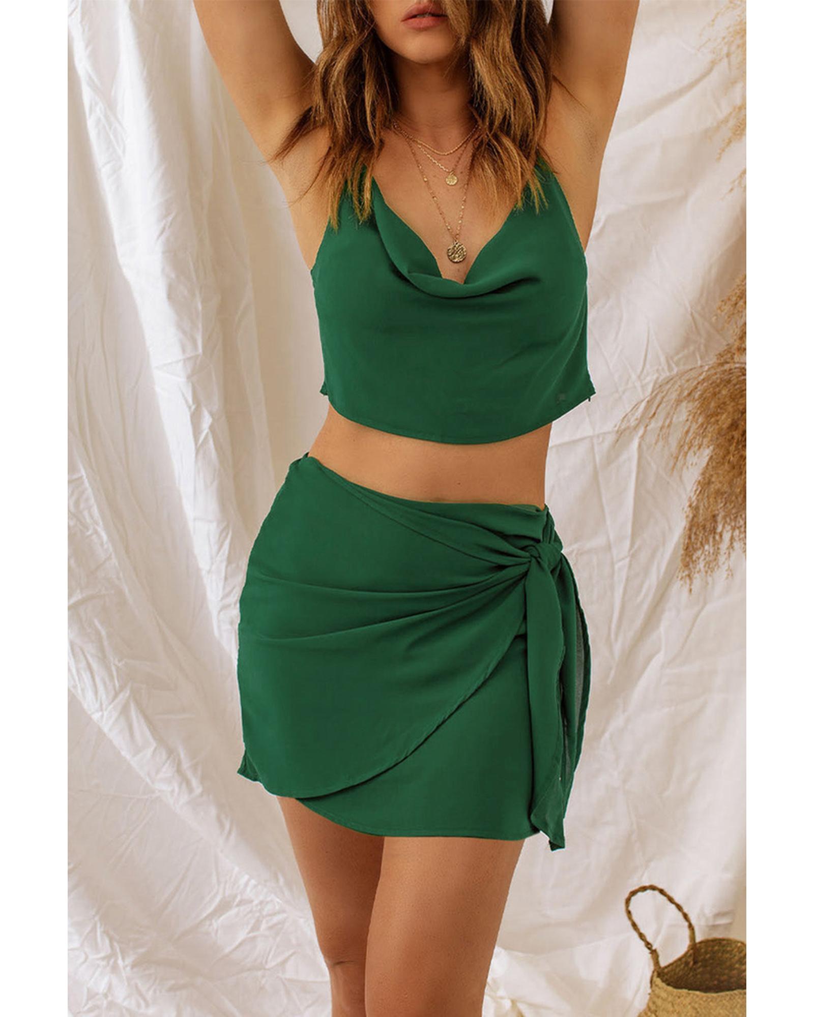 Luxury Designer Drape Crop Top and Wrap Skirt Set - L