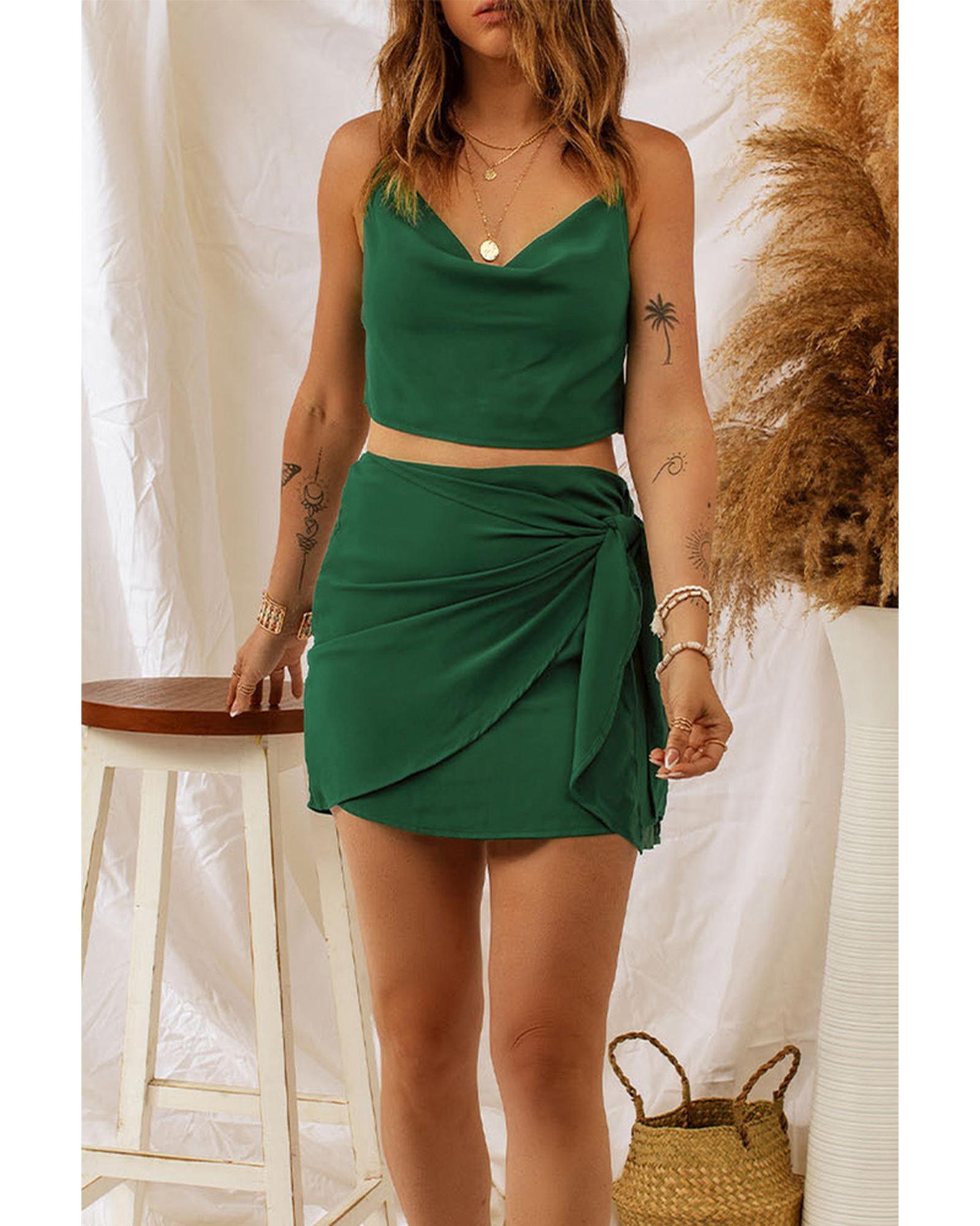 Luxury Designer Drape Crop Top and Wrap Skirt Set - S