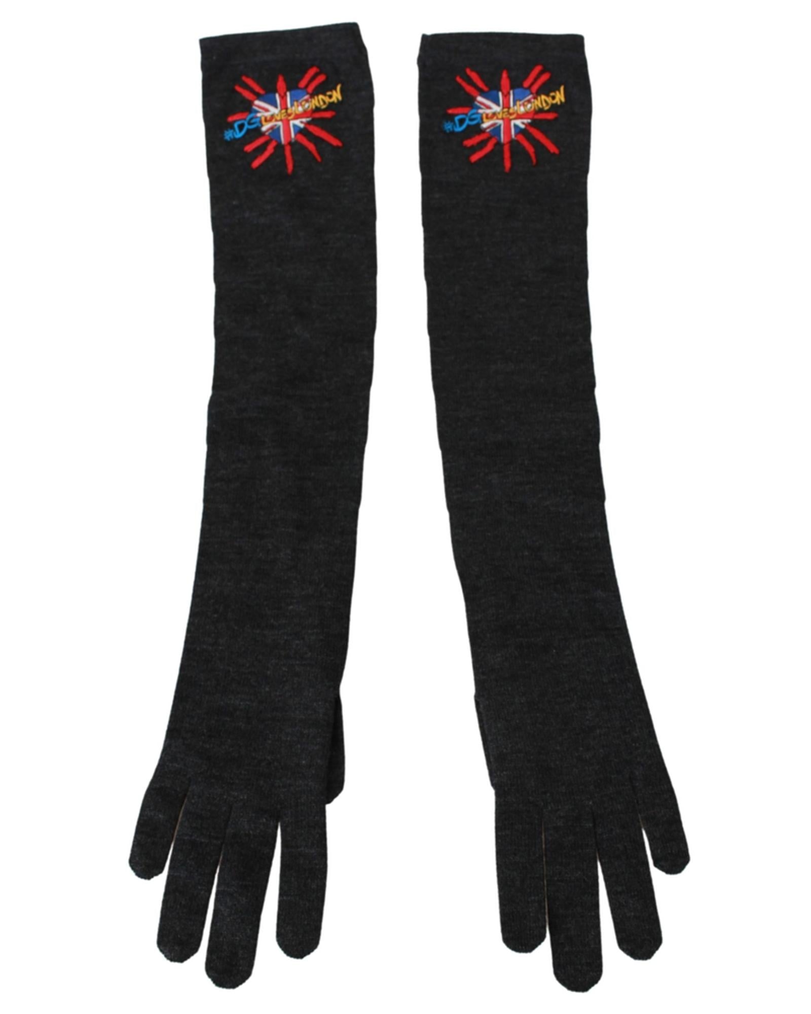 Dolce & Gabbana Gray Elbow Length Embroidered Virgin Wool Gloves One Size Women