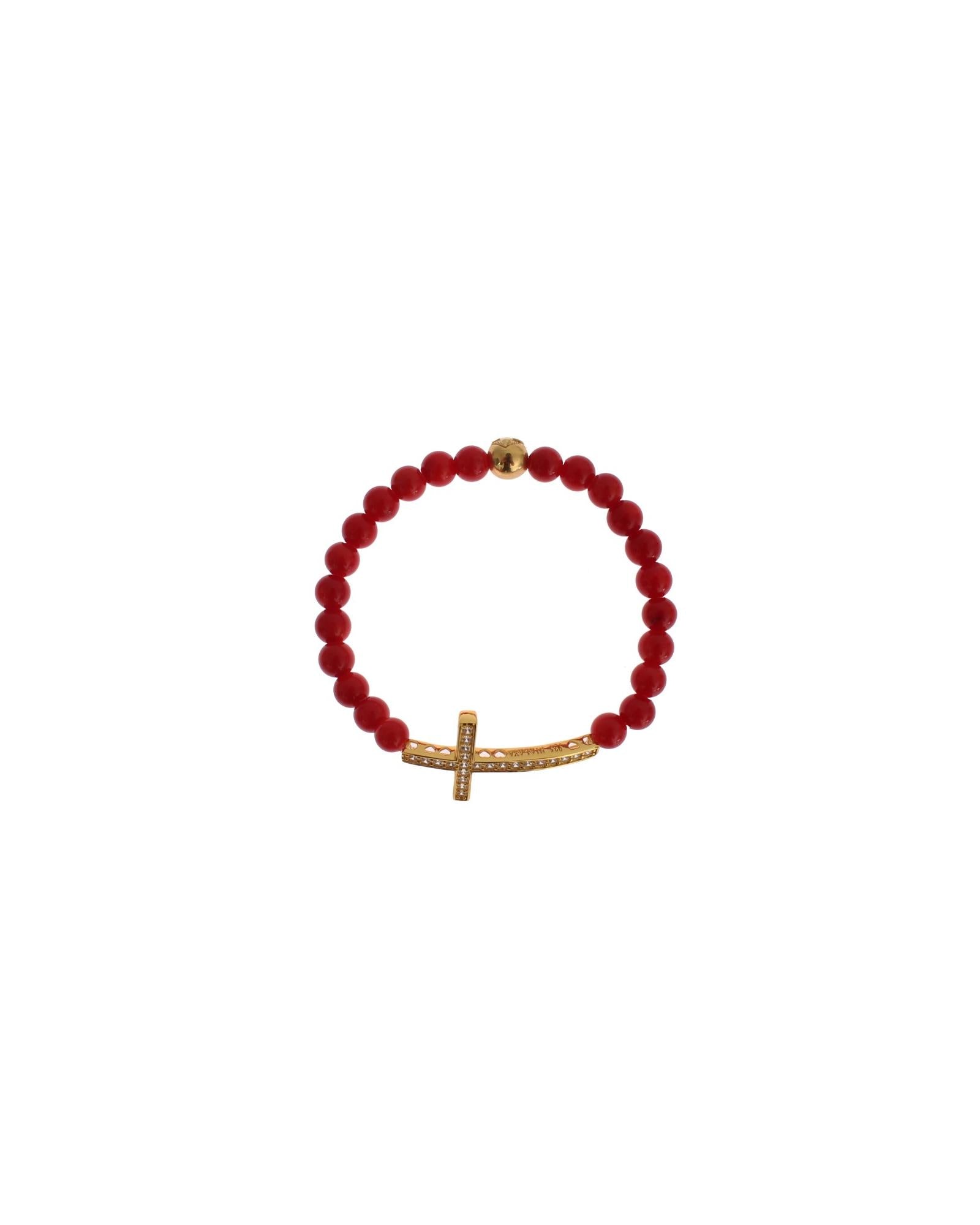 Authentic  Gold Plated Silver Bracelet with Red Coral Beads and CZ Diamond Cross M Women