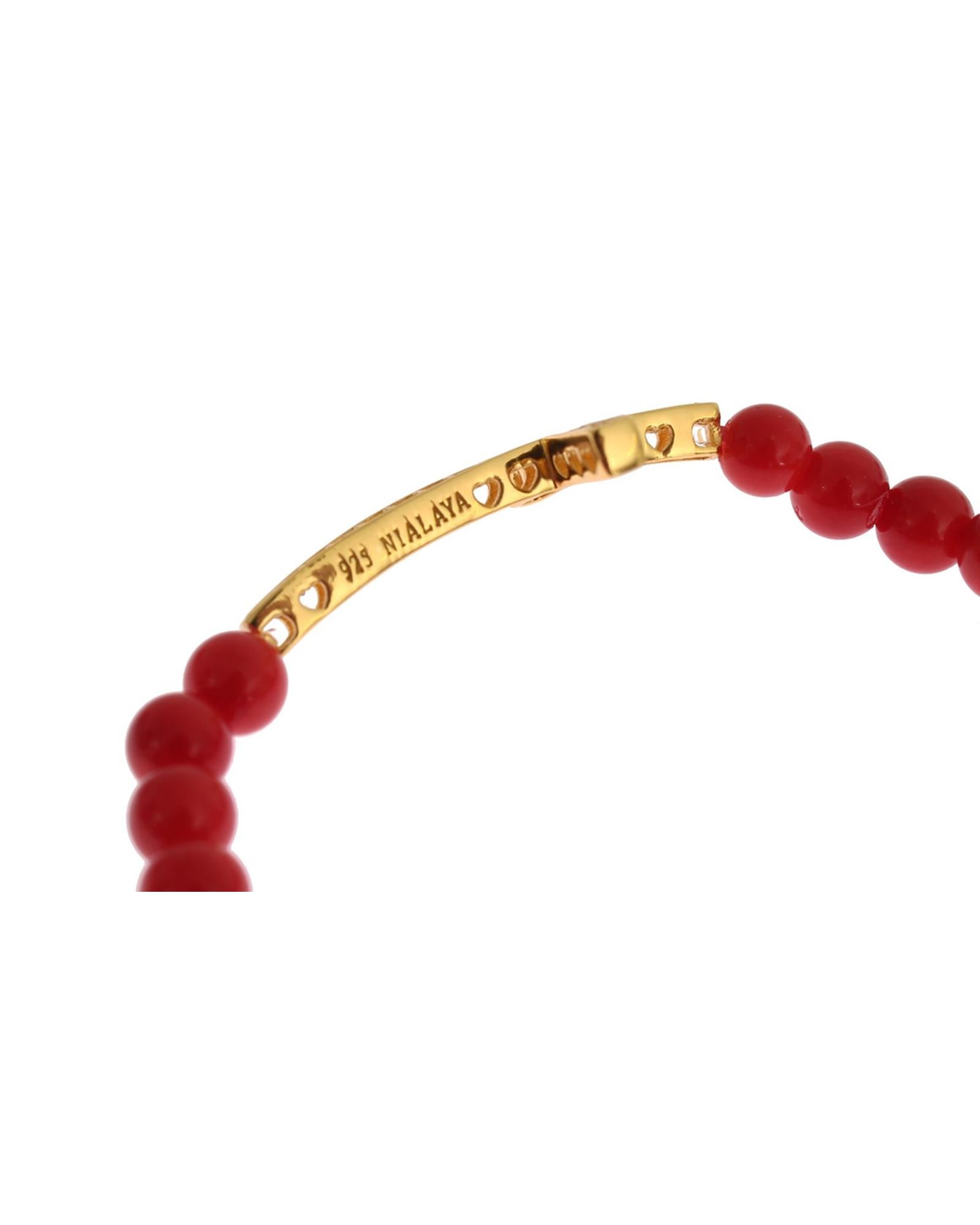 Authentic  Gold Plated Silver Bracelet with Red Coral Beads and CZ Diamond Cross M Women