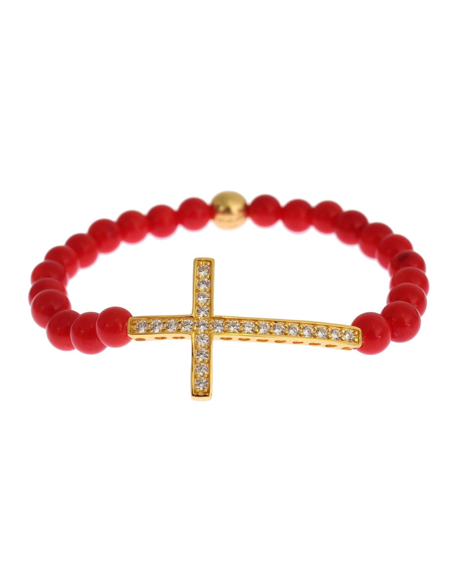 Authentic  Gold Plated Silver Bracelet with Red Coral Beads and CZ Diamond Cross S Women