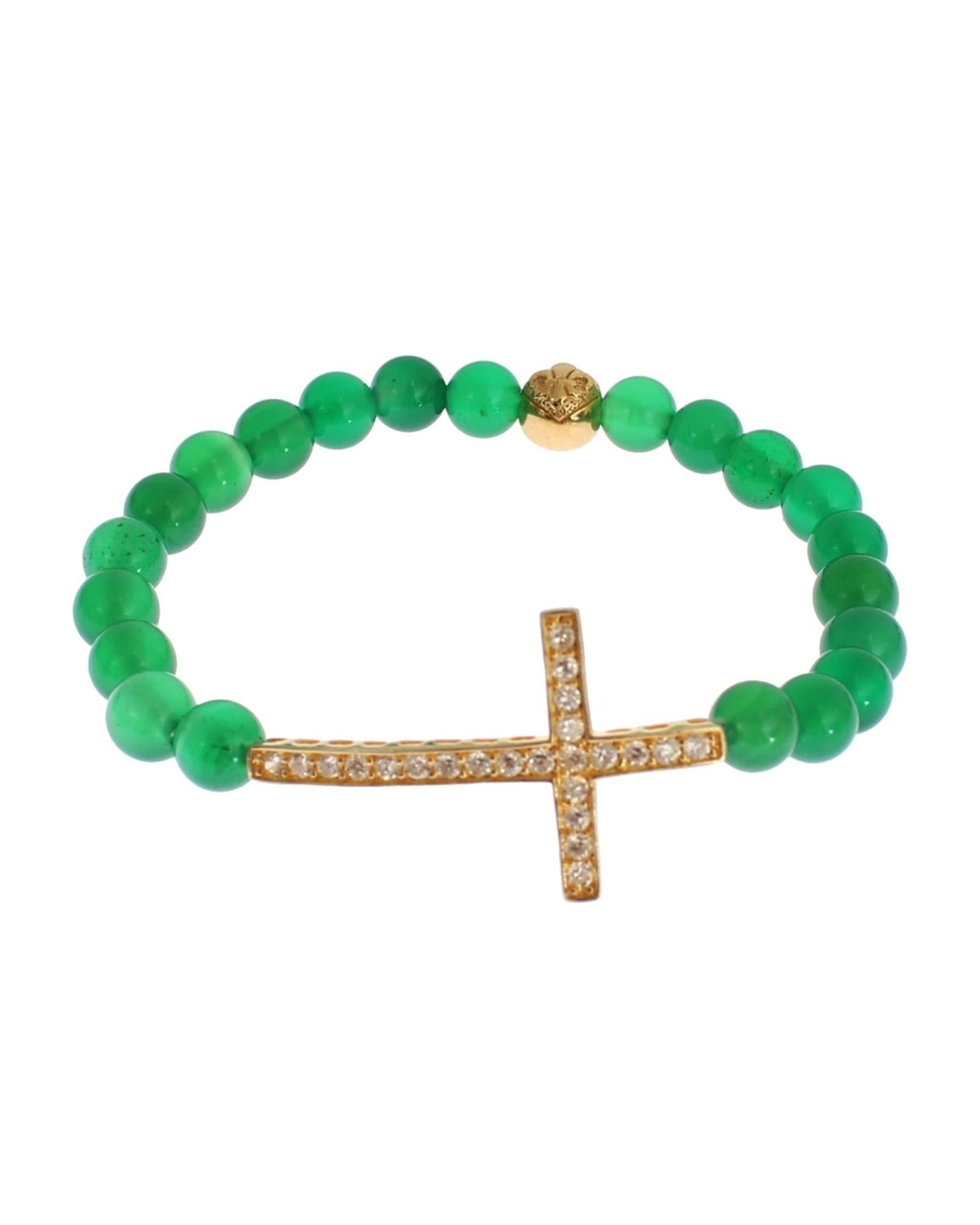 Green Jade Bead Bracelet with CZ Diamond Cross M Women