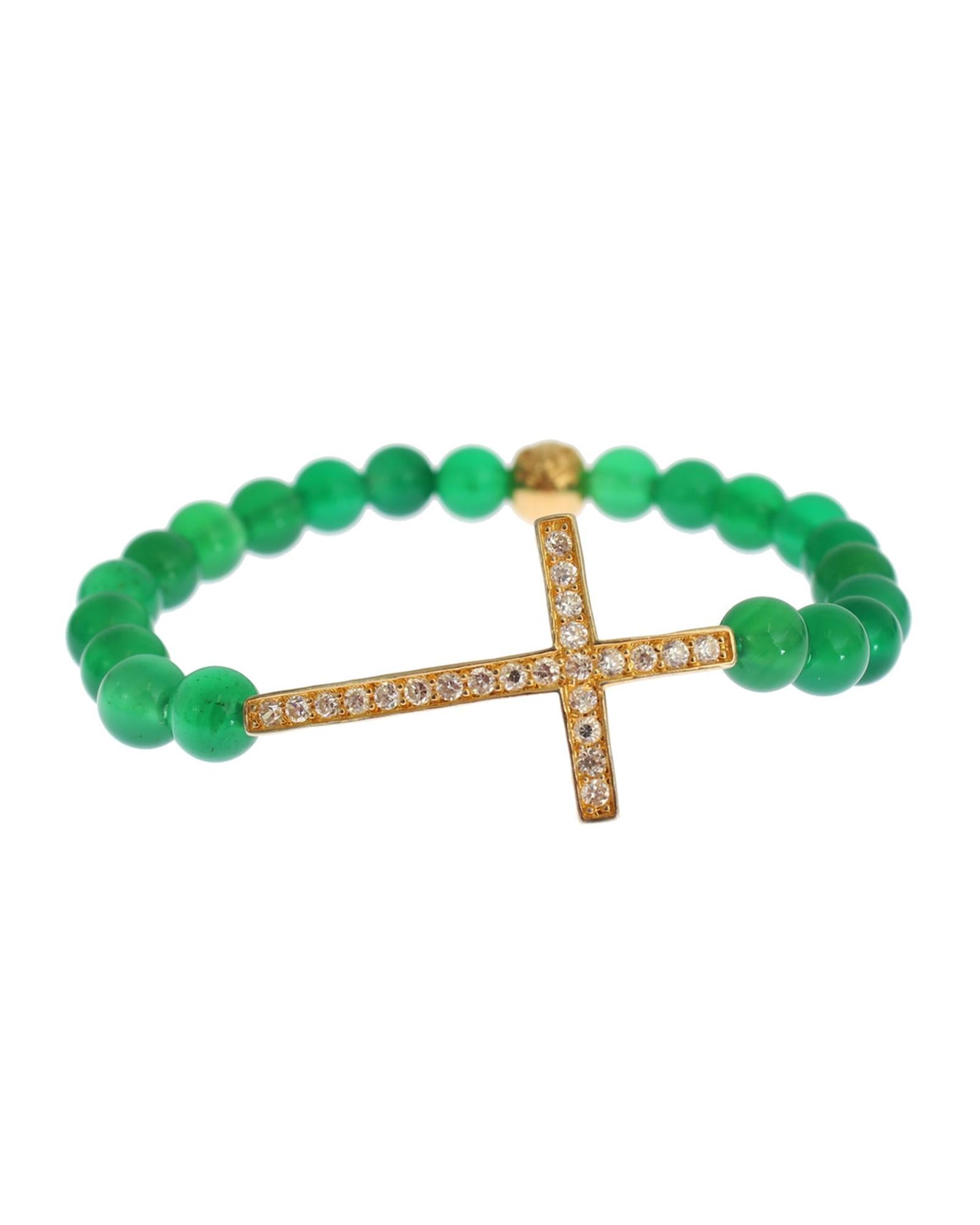 Green Jade Bead Bracelet with CZ Diamond Cross M Women