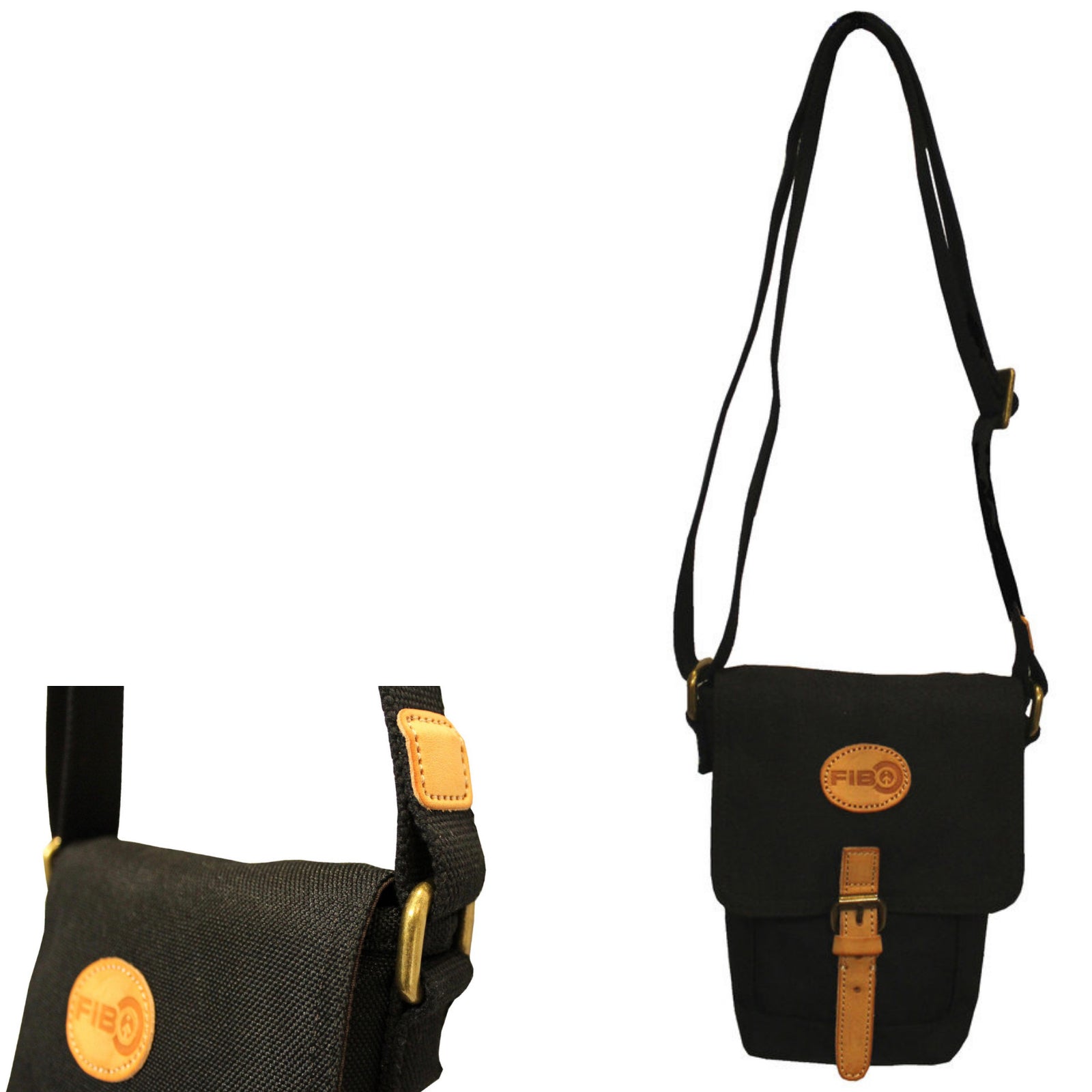 Water Resistant Small Shoulder Canvas Bag w Adjustable Shoulder Strap - Black