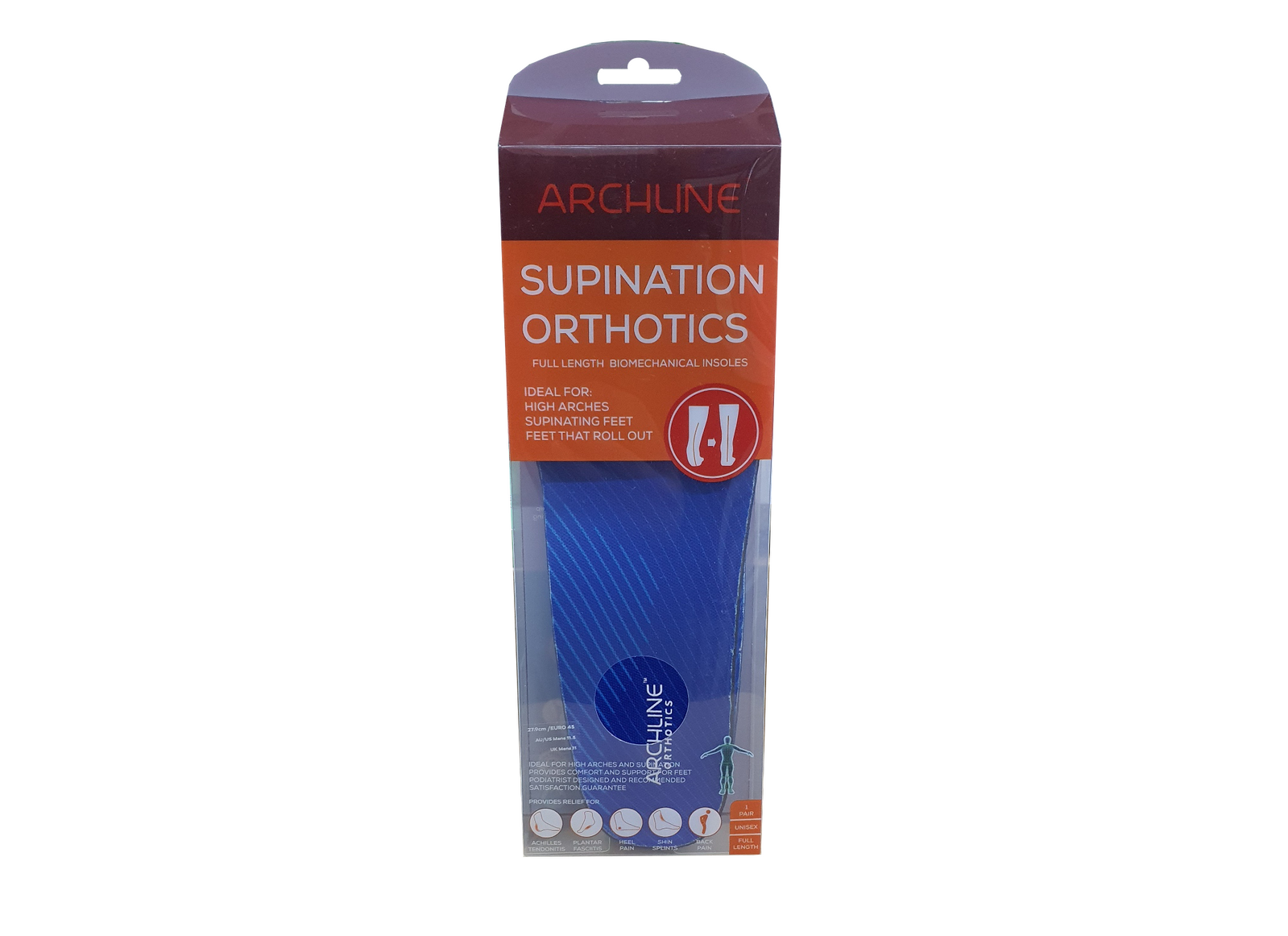 Supination Orthotic Insoles - Full Length (Unisex) Plantar Fasciitis High Arch - Euro 45