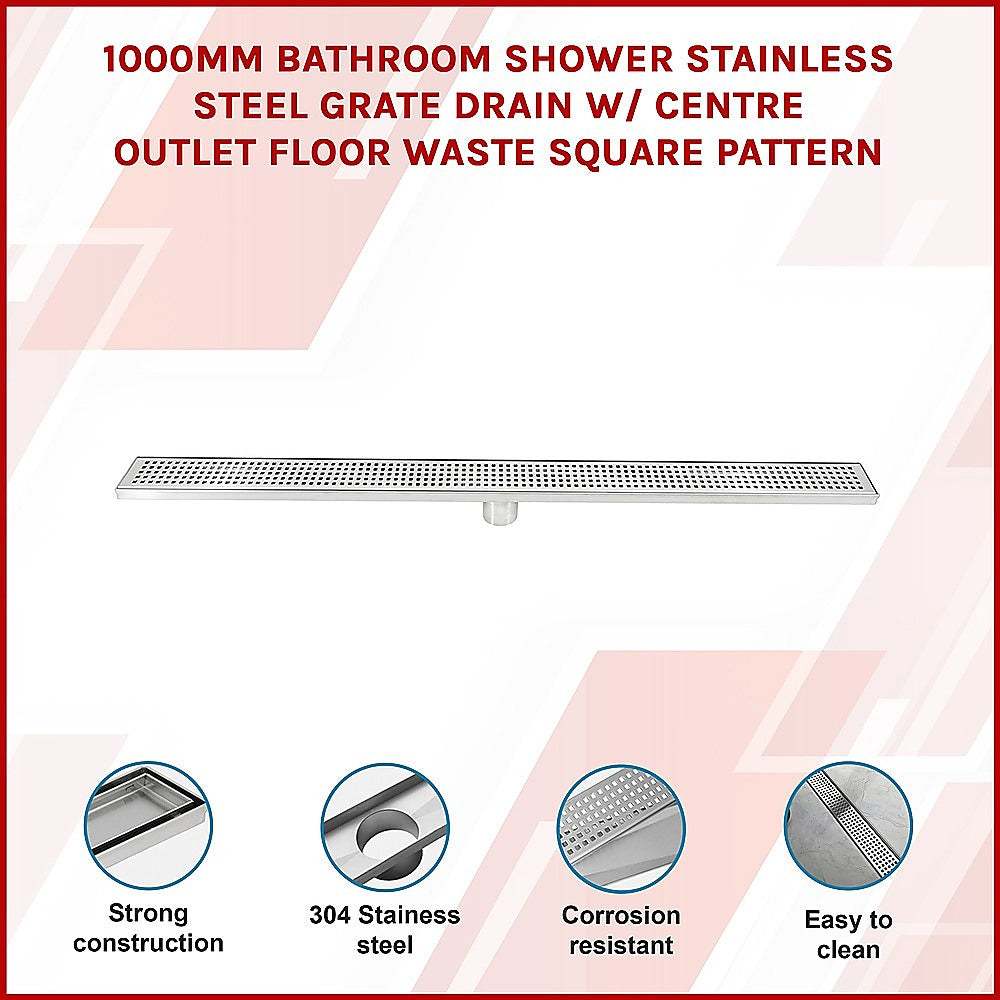 1000mm Bathroom Shower Stainless Steel Grate Drain w/Centre outlet Floor Waste Square Pattern
