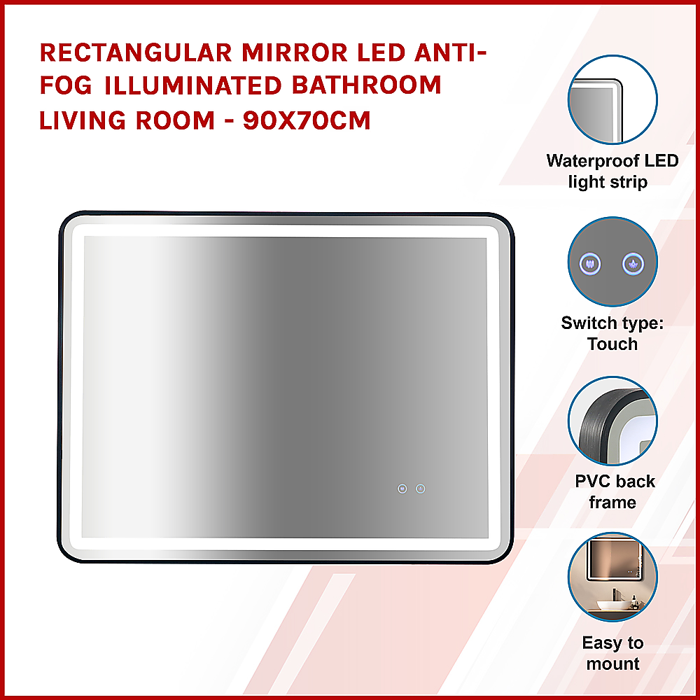 Rectangular Mirror LED Anti-Fog Illuminated Bathroom Living Room - 90x70cm