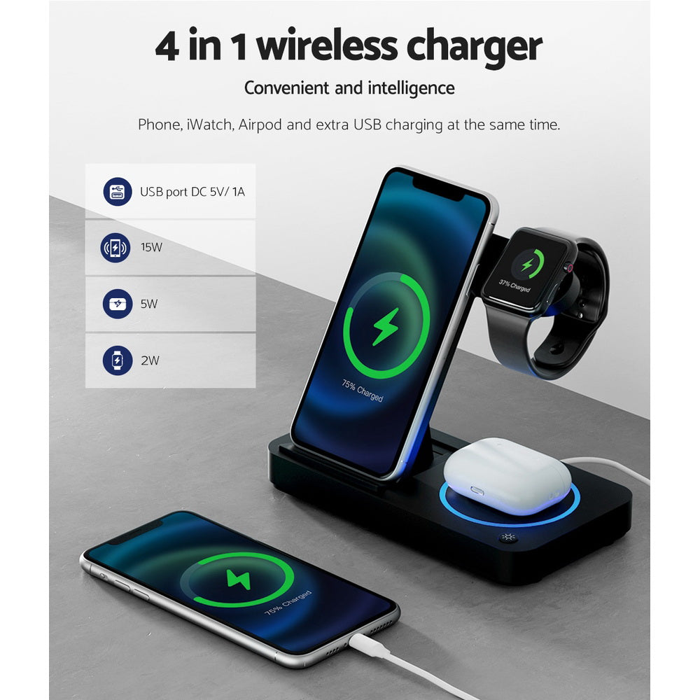 4in1 Wireless Charger Station Fast Charging for Phone Black