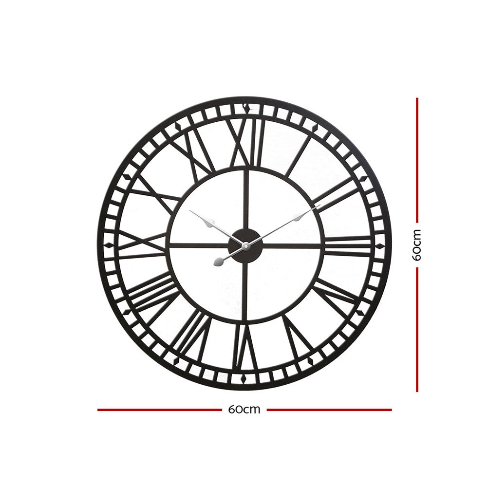 60cm Wall Clock Large Roman Numerals Metal Black