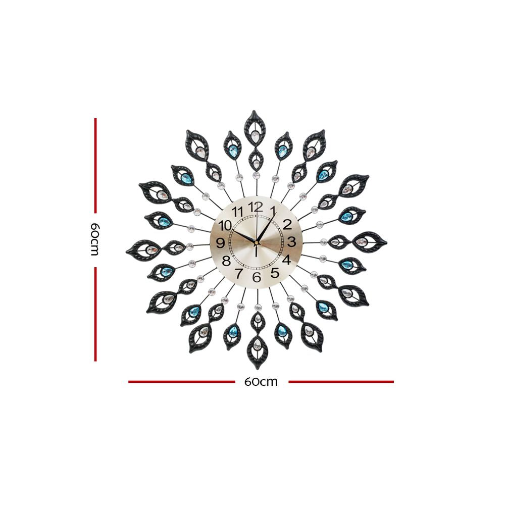 60cm Wall Clock Large 3D Peacock Crystal Silver