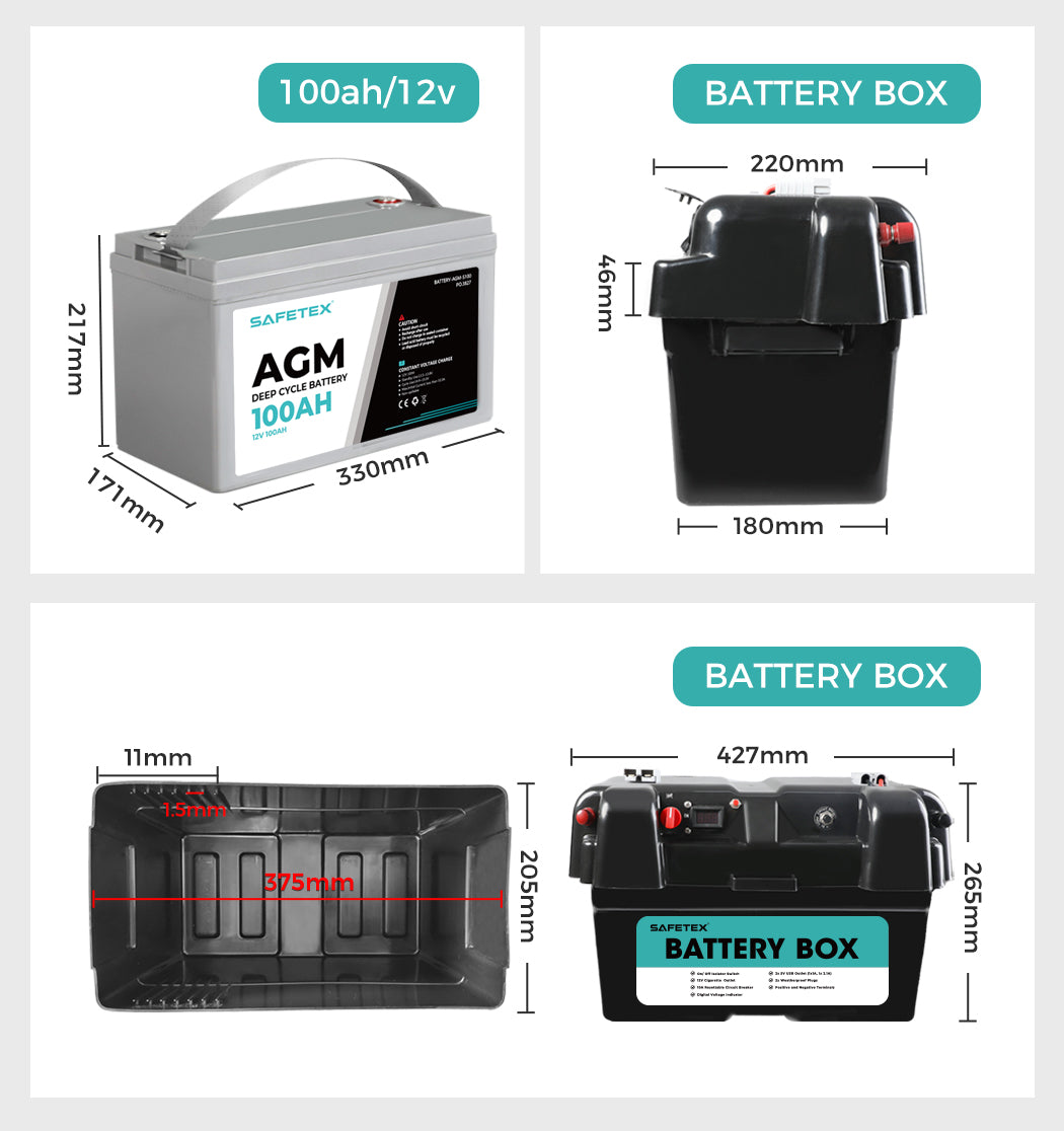 12V 100Ah AGM Battery Outdoor Rv Marine 4WD Deep Cycle & W/ Strap Battery Box