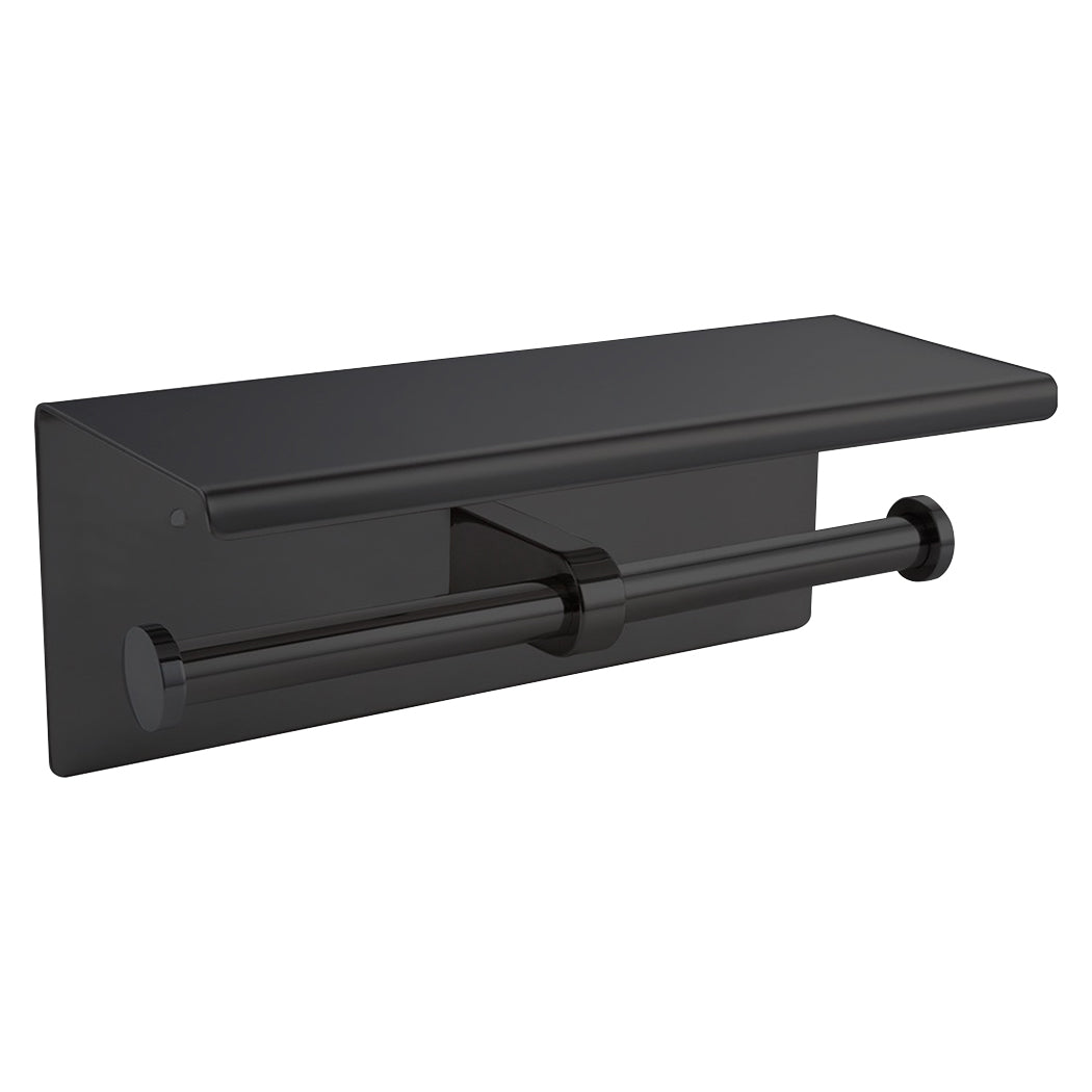 Double Toilet Paper Holder – 304 Stainless Steel with Shelf Black