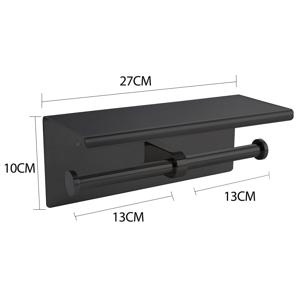 Double Toilet Paper Holder – 304 Stainless Steel with Shelf Black