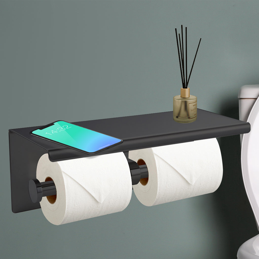 Double Toilet Paper Holder – 304 Stainless Steel with Shelf Black
