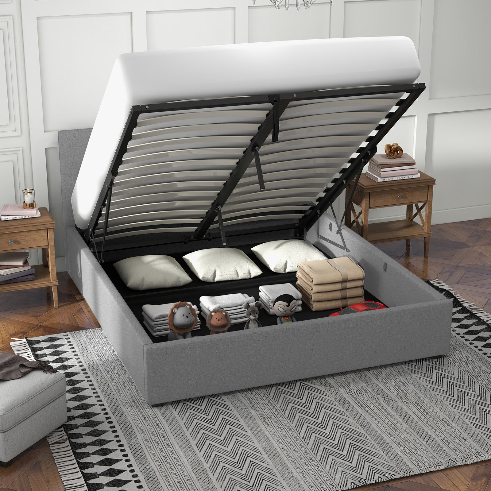 Milano Luxury Gas Lift Bed with Headboard (Model 1) - Grey No.28 - Double-1902483614675898370