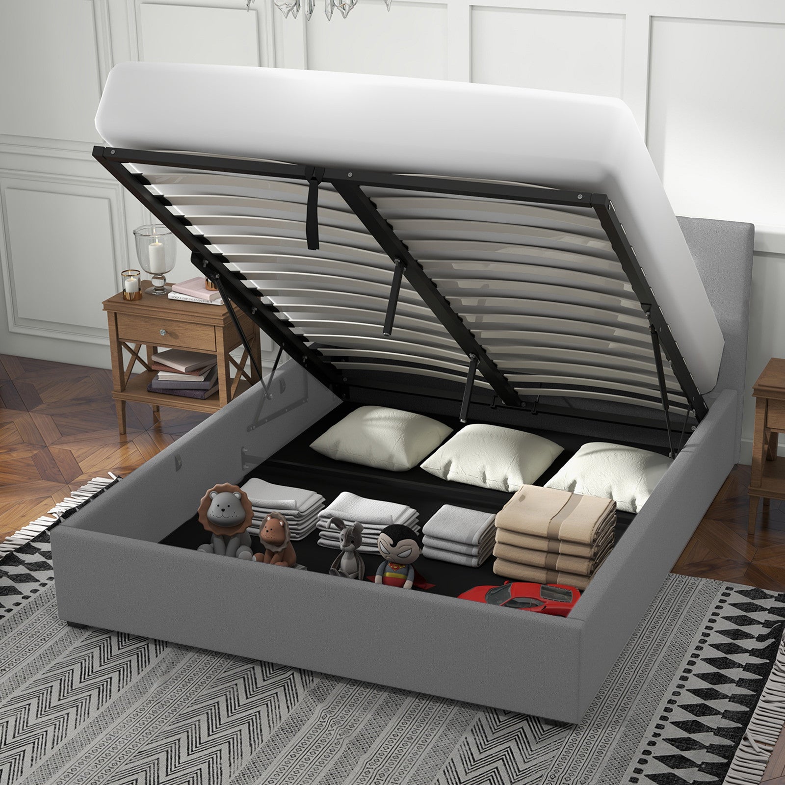 Milano Luxury Gas Lift Bed with Headboard (Model 1) - Grey No.28 - Double-1902483614675898371