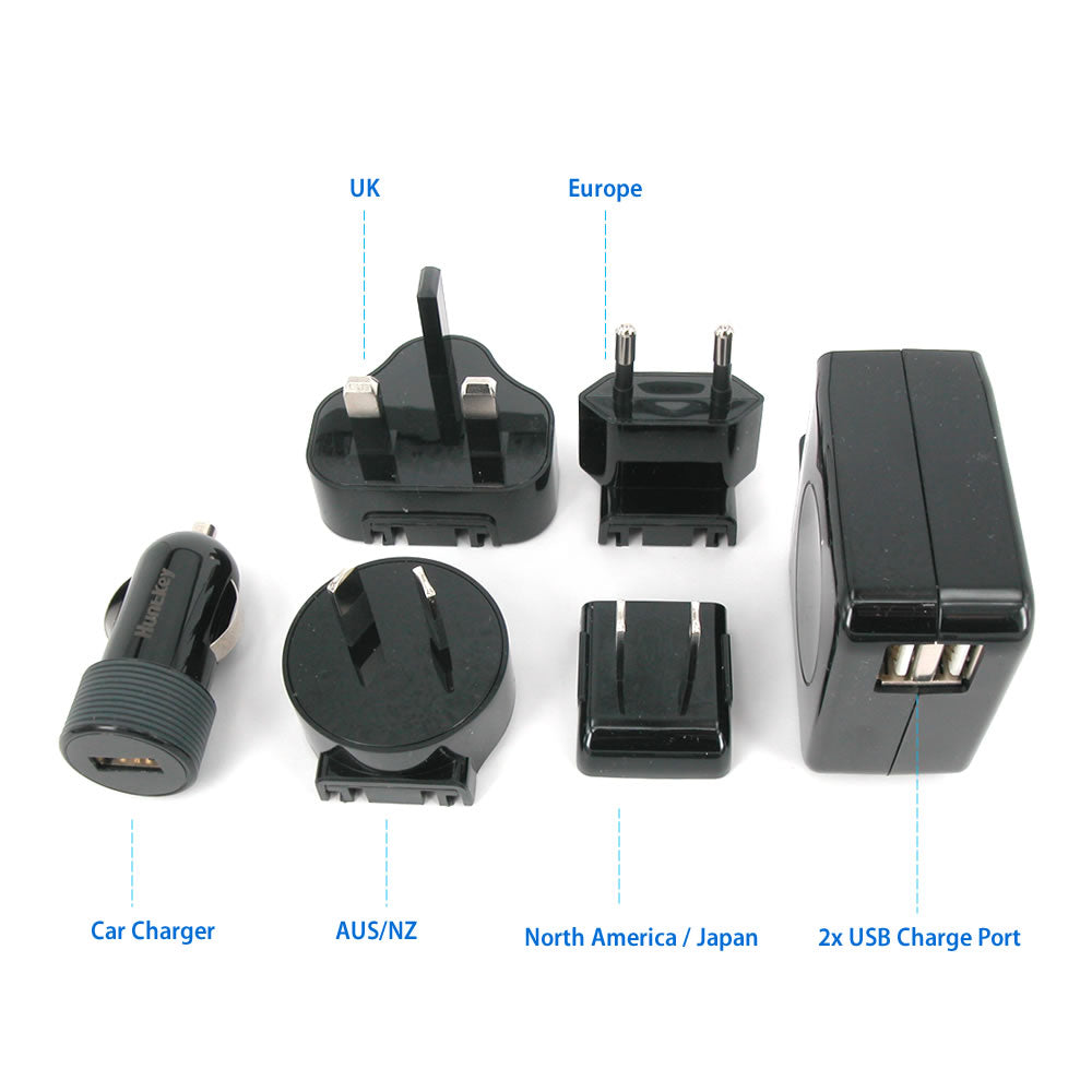 Huntkey TravelMate Dual USB Wall Charger 4.2A AU US UK EU Plugs + Car Charger