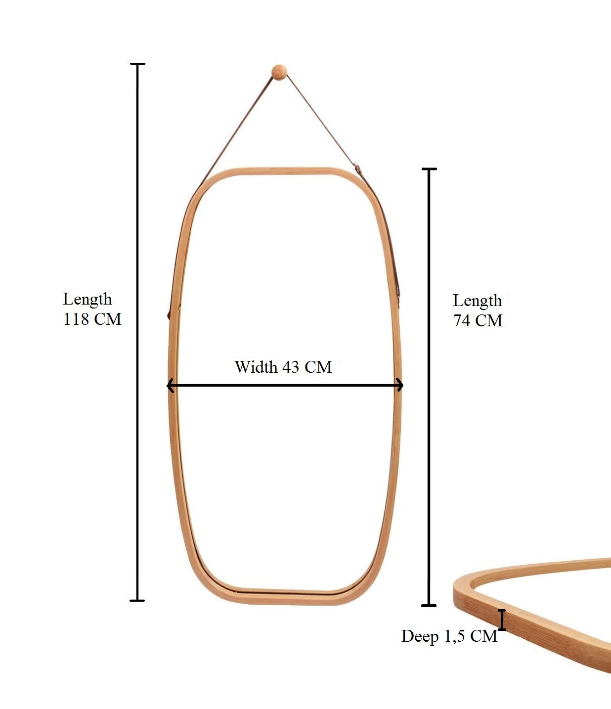 CARLA HOME Hanging Wall Mirror 74x43cm - Solid Bamboo Frame and Adjustable Leather Strap for Bathroom and Bedroom, Vanity Mirror, Makeup Mirror, Face Mirrors, Wall Shelf Mirror (Full Length)-1978962235103514633