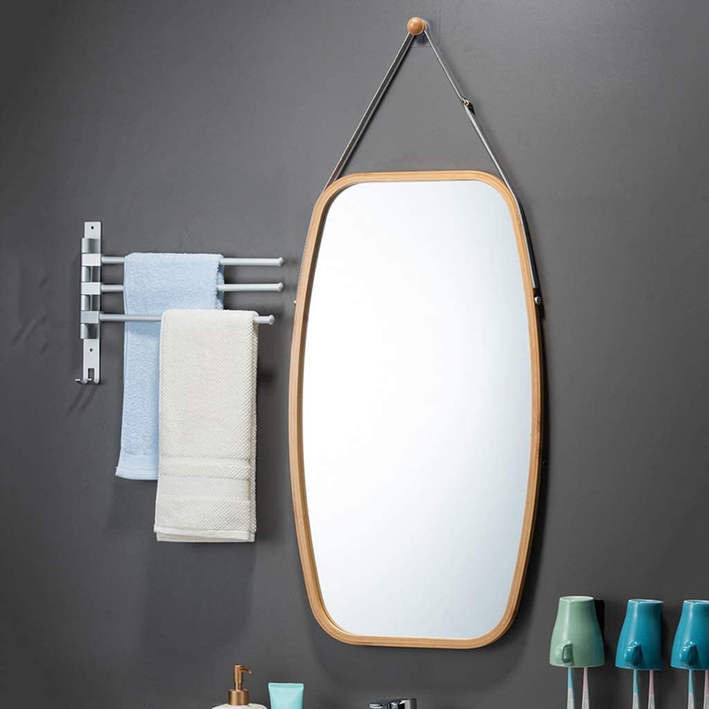 CARLA HOME Hanging Wall Mirror 74x43cm - Solid Bamboo Frame and Adjustable Leather Strap for Bathroom and Bedroom, Vanity Mirror, Makeup Mirror, Face Mirrors, Wall Shelf Mirror (Full Length)-1978962235103514625