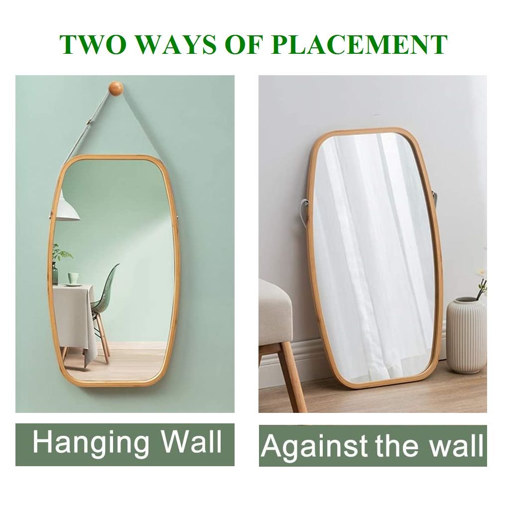 CARLA HOME Hanging Wall Mirror 74x43cm - Solid Bamboo Frame and Adjustable Leather Strap for Bathroom and Bedroom, Vanity Mirror, Makeup Mirror, Face Mirrors, Wall Shelf Mirror (Full Length)-1978962235103514628