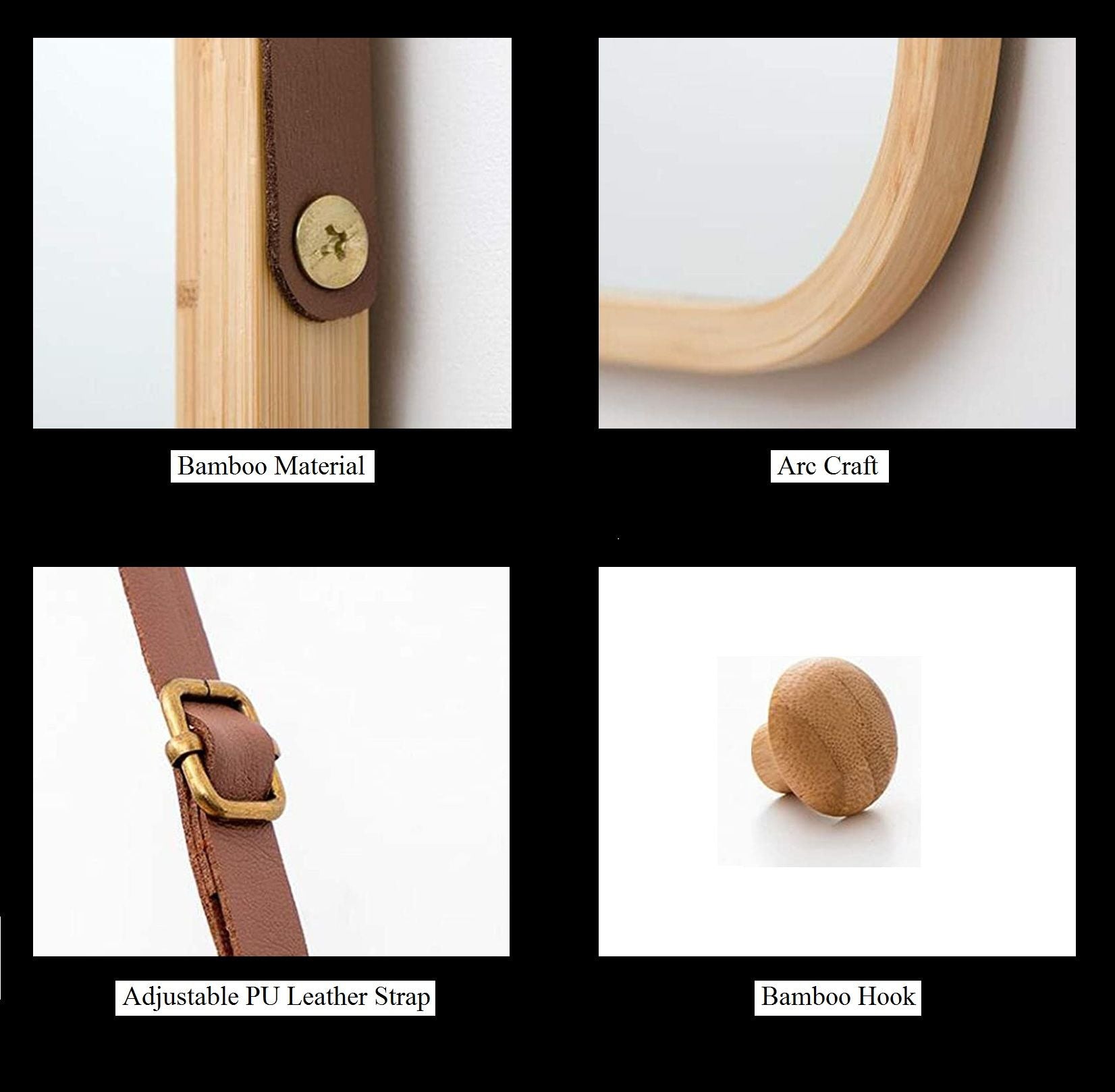 CARLA HOME Hanging Wall Mirror 74x43cm - Solid Bamboo Frame and Adjustable Leather Strap for Bathroom and Bedroom, Vanity Mirror, Makeup Mirror, Face Mirrors, Wall Shelf Mirror (Full Length)-1978962235103514630