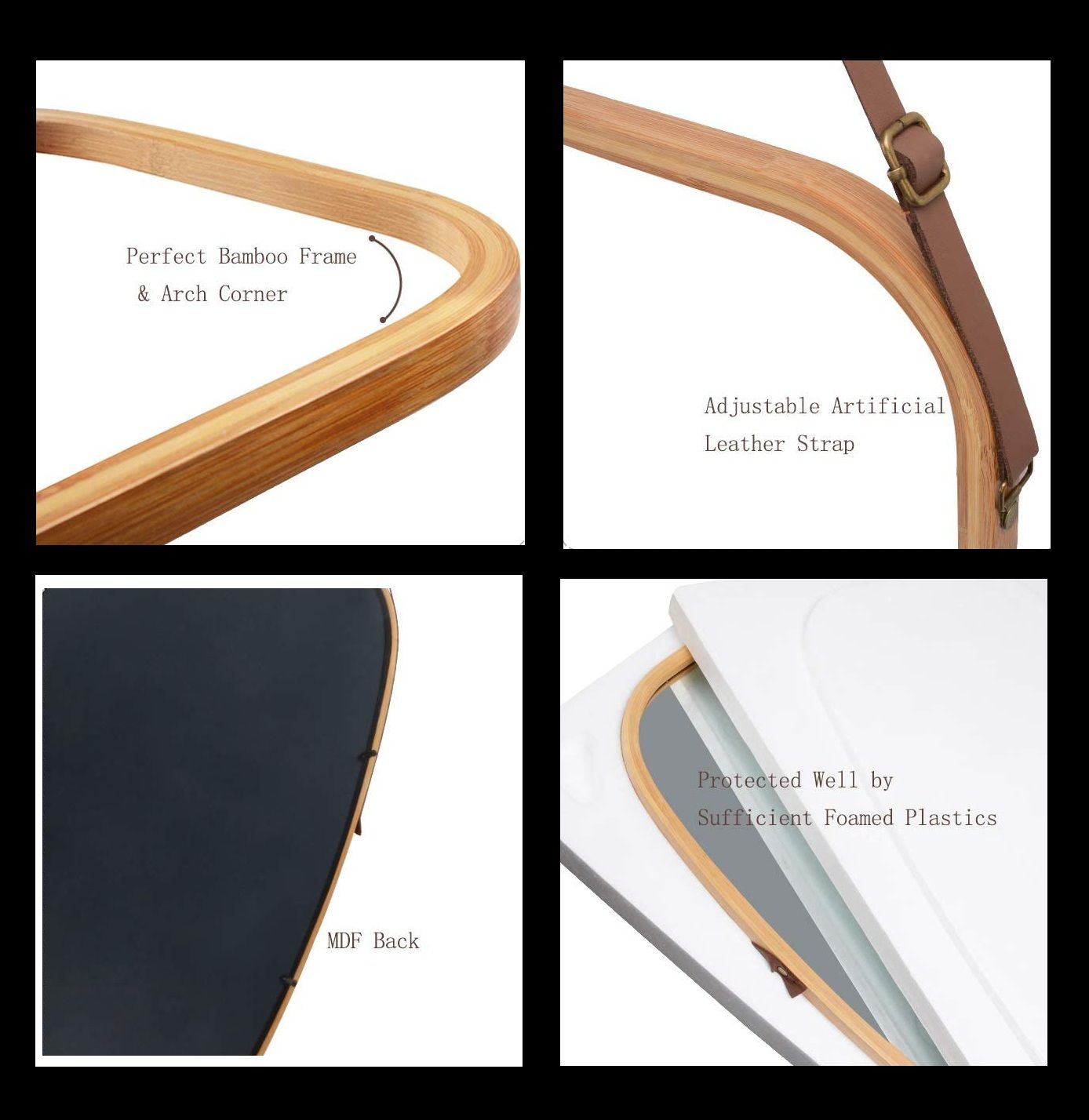 CARLA HOME Hanging Wall Mirror 74x43cm - Solid Bamboo Frame and Adjustable Leather Strap for Bathroom and Bedroom, Vanity Mirror, Makeup Mirror, Face Mirrors, Wall Shelf Mirror (Full Length)-1978962235103514631