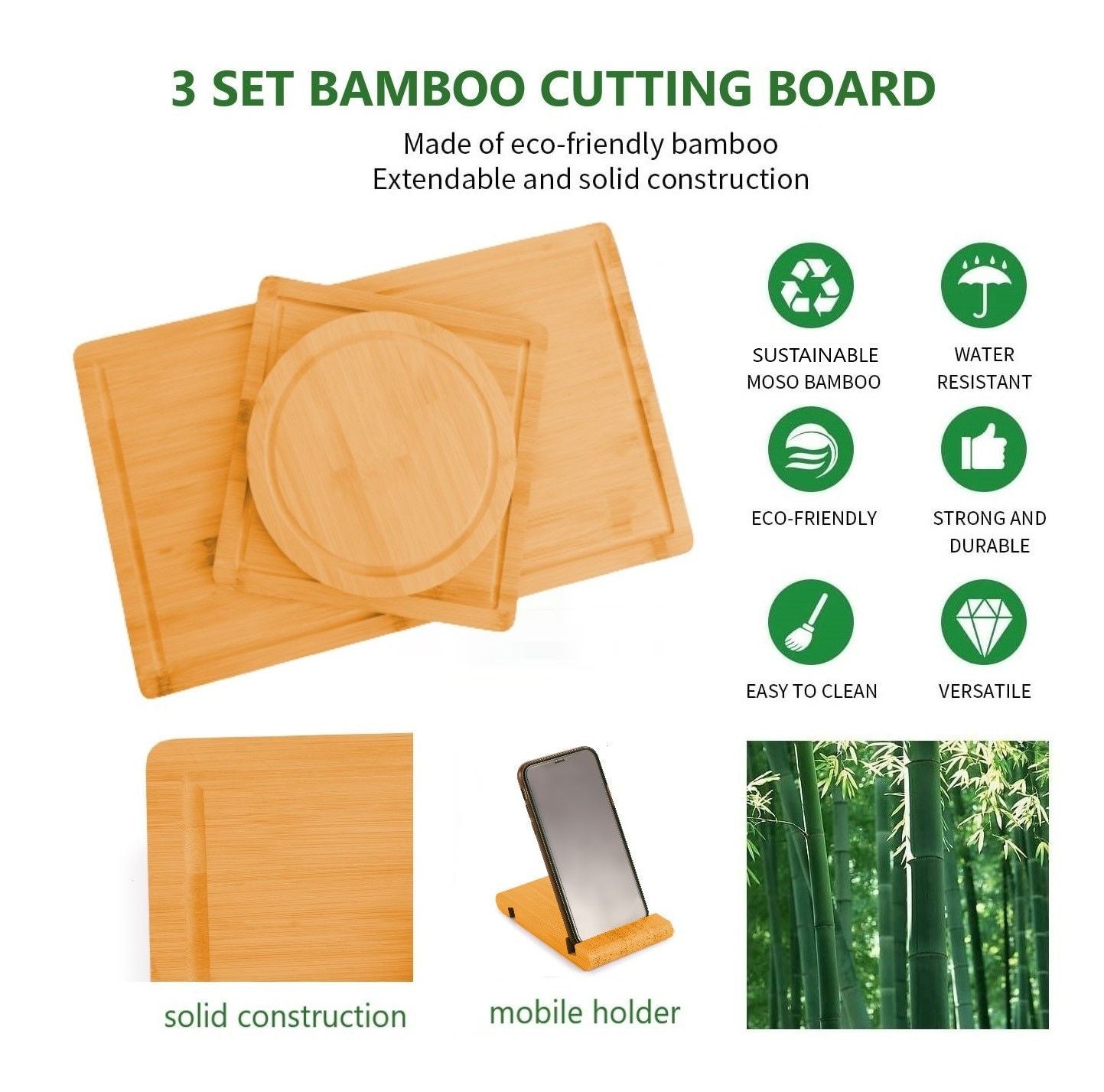 CARLA HOME 3 Pieces Bamboo Cutting Board with Juice Groove and Mobile Holder included for Home Kitchen-1992735302468374535