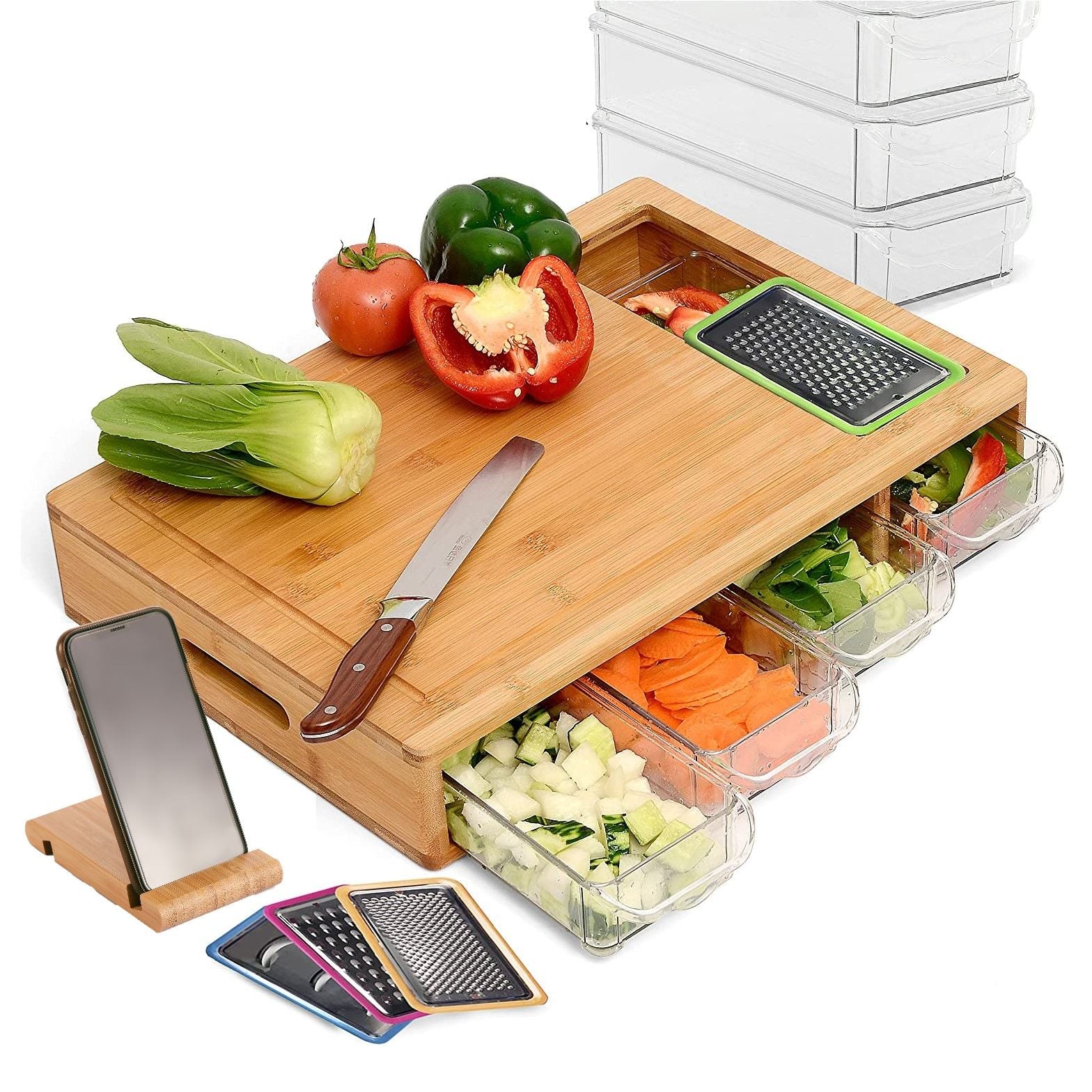 CARLA HOME Large Bamboo Cutting Board and 4 Containers with Mobile Holder gift included for Home Kitchen-1992735302862639104