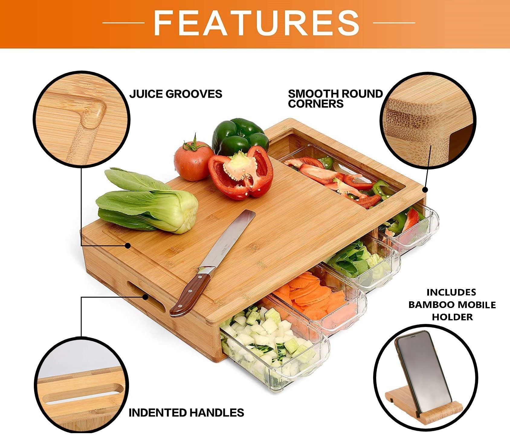 CARLA HOME Large Bamboo Cutting Board and 4 Containers with Mobile Holder gift included for Home Kitchen-1992735302862639105