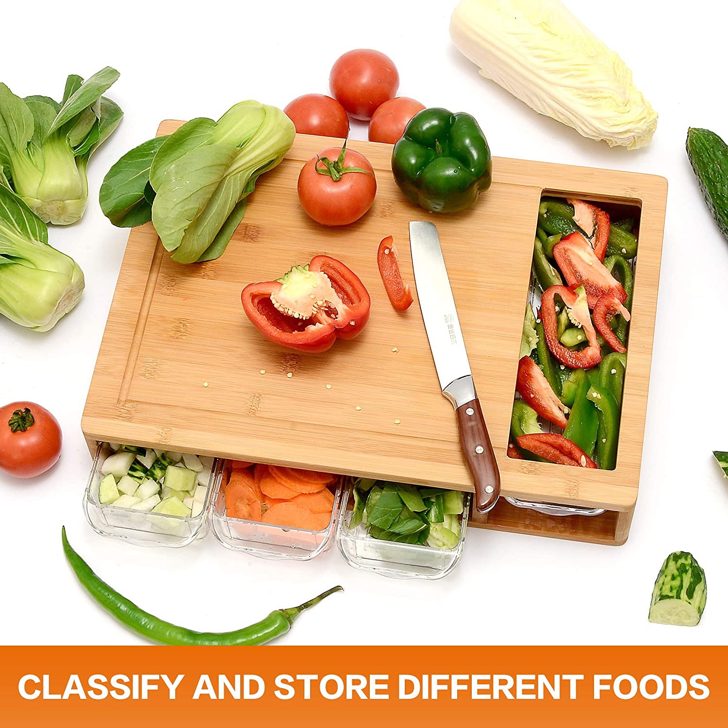 CARLA HOME Large Bamboo Cutting Board and 4 Containers with Mobile Holder gift included for Home Kitchen-1992735302862639107