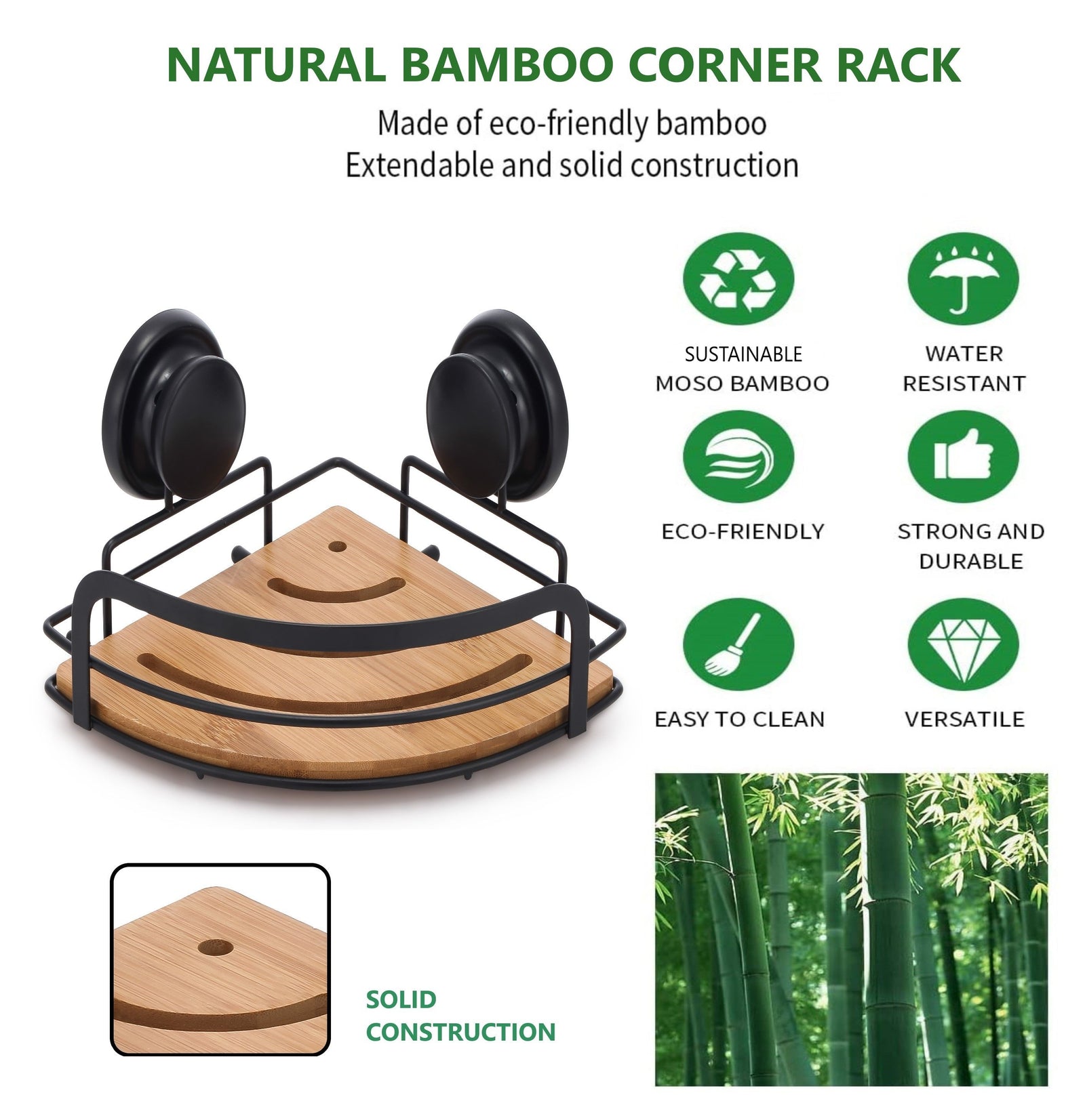 CARLA HOME  2 Pack Round Bamboo Corner Shower Caddy Shelf Basket Rack with Premium Vacuum Suction Cup No-Drilling for Bathroom and Kitchen-1992735302111858694