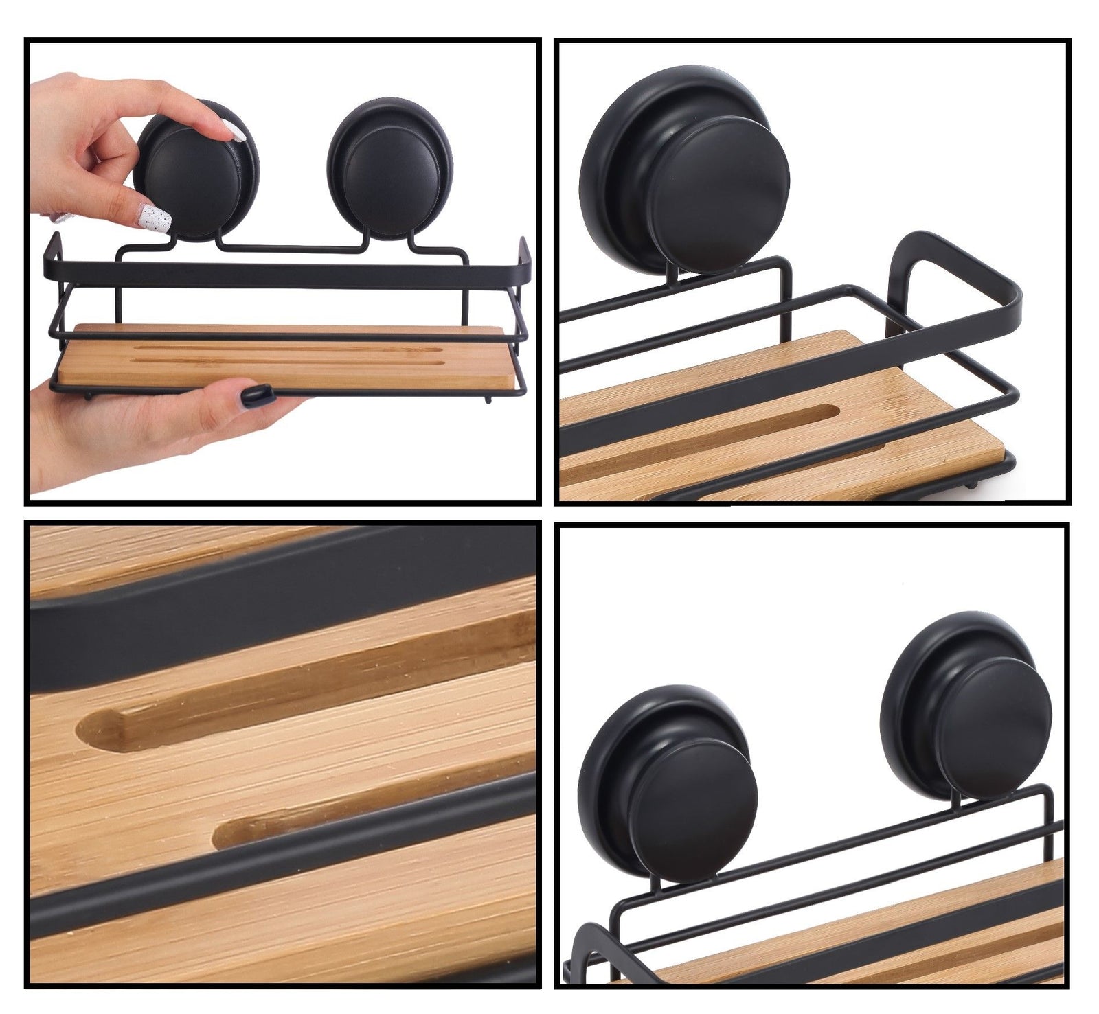 CARLA HOME  2 Pack Rectangular Bamboo Corner Shower Caddy Shelf Basket Rack with Premium Vacuum Suction Cup No-Drilling for Bathroom and Kitchen-1992735301767925767