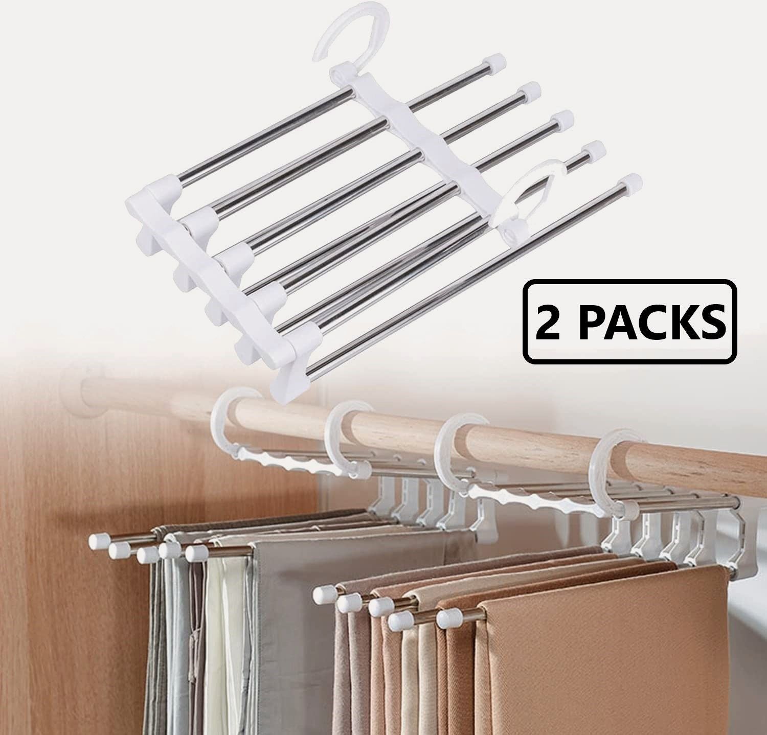 CARLA HOME  2 Pack Stainless Steel Adjustable 5 in 1 Pants Hangers Non-Slip Space Saving for Home Storage-1992735284936183809
