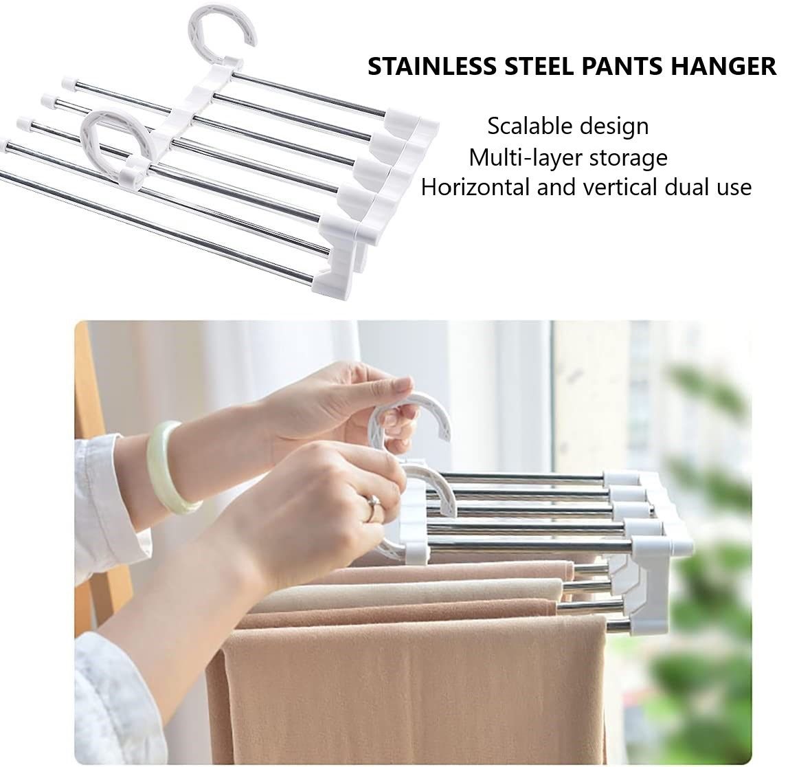6 Pack Stainless Steel Adjustable 5 in 1 Pants Hangers Non-Slip Space Saving for Home Storage-1978962243513094146
