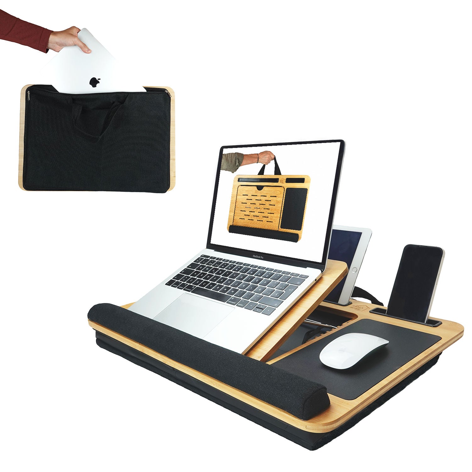 CARLA HOME Bamboo Laptop Lap Desk with Cushion, Angle Adjustable and Sleeve Case Bag for Office and Home-1992735289684135936