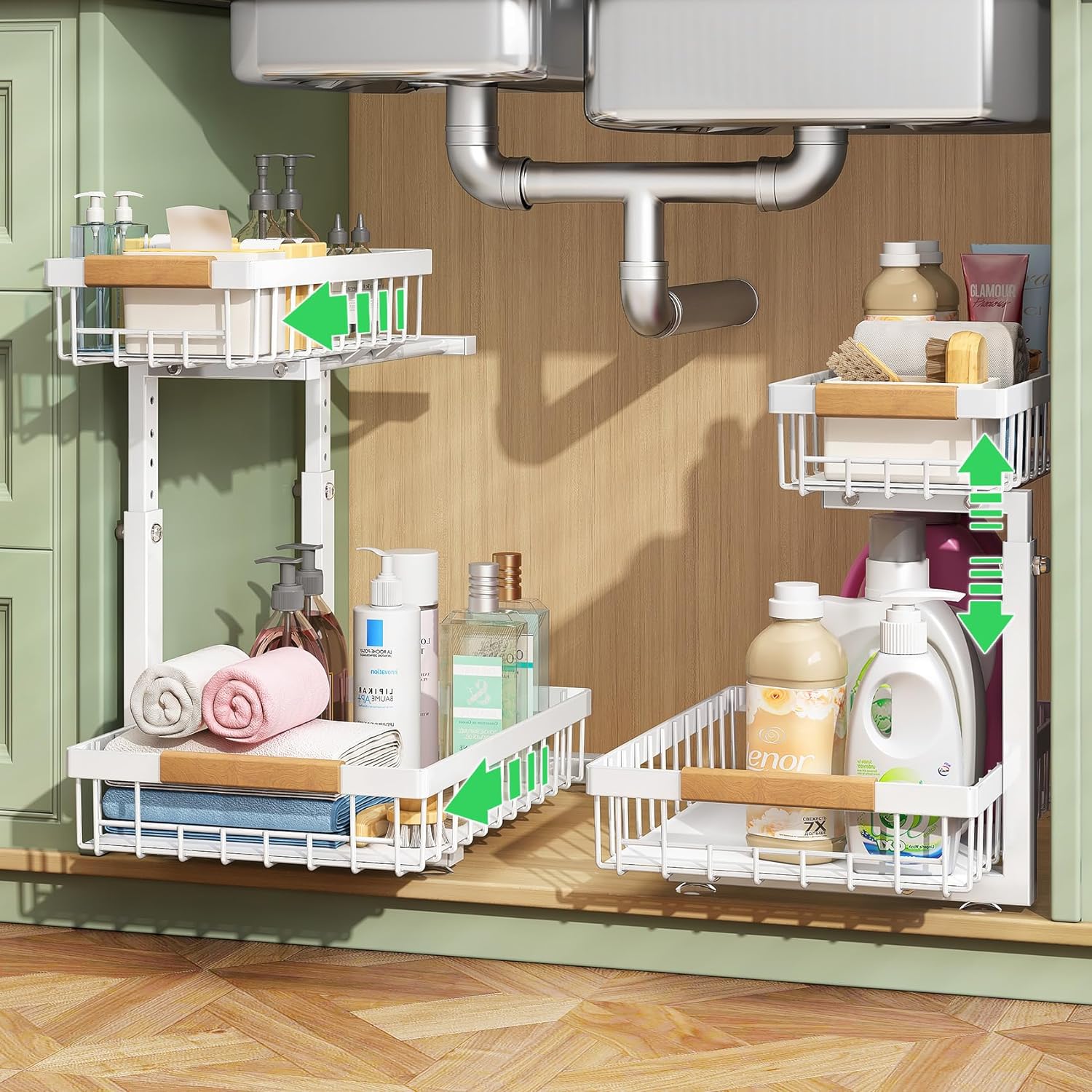 CARLA HOME 2-Tier Kitchen Under Sink Organiser Storage with Height Adjustable, Unique Slide Rail & Suction Cups for Storage-1992735299716911104