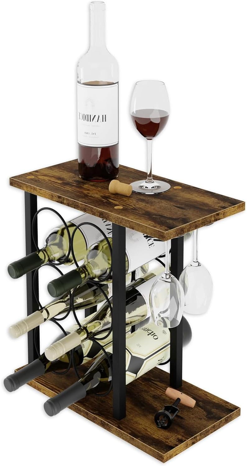 CARLA HOME Wine Rack Countertop Wooden & Metal Holder for 6 Bottles & 2 Glasses-1992735291244417024